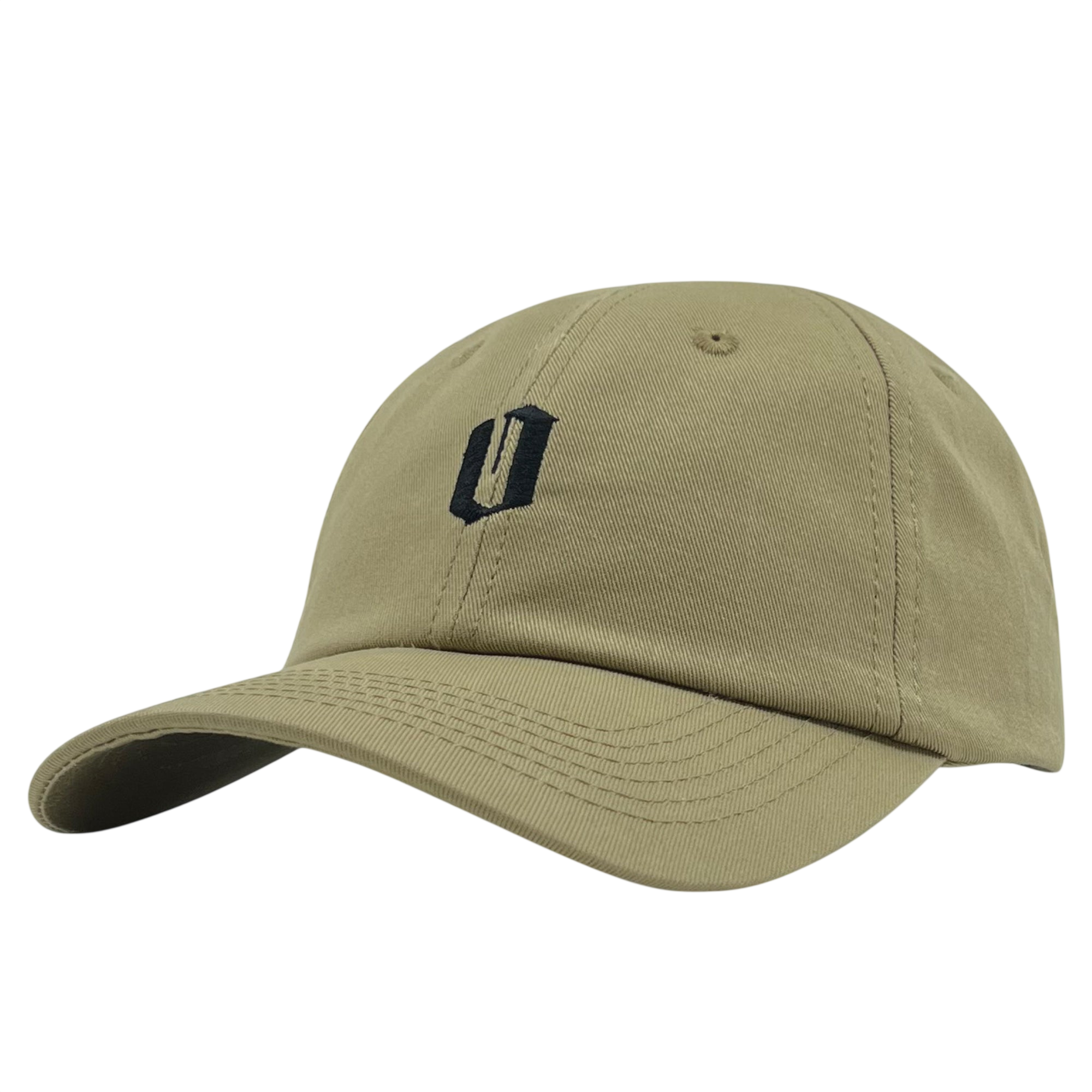 The Official Micro Logo Dad Hat from Oaklandish is a khaki green Dad hat with a curved brim, adorned with a black embroidered logo on the front. The abstract design resembles the letter "U." This cap features visible stitching, a button on top, and an adjustable strap for a perfect fit. The background is plain white.