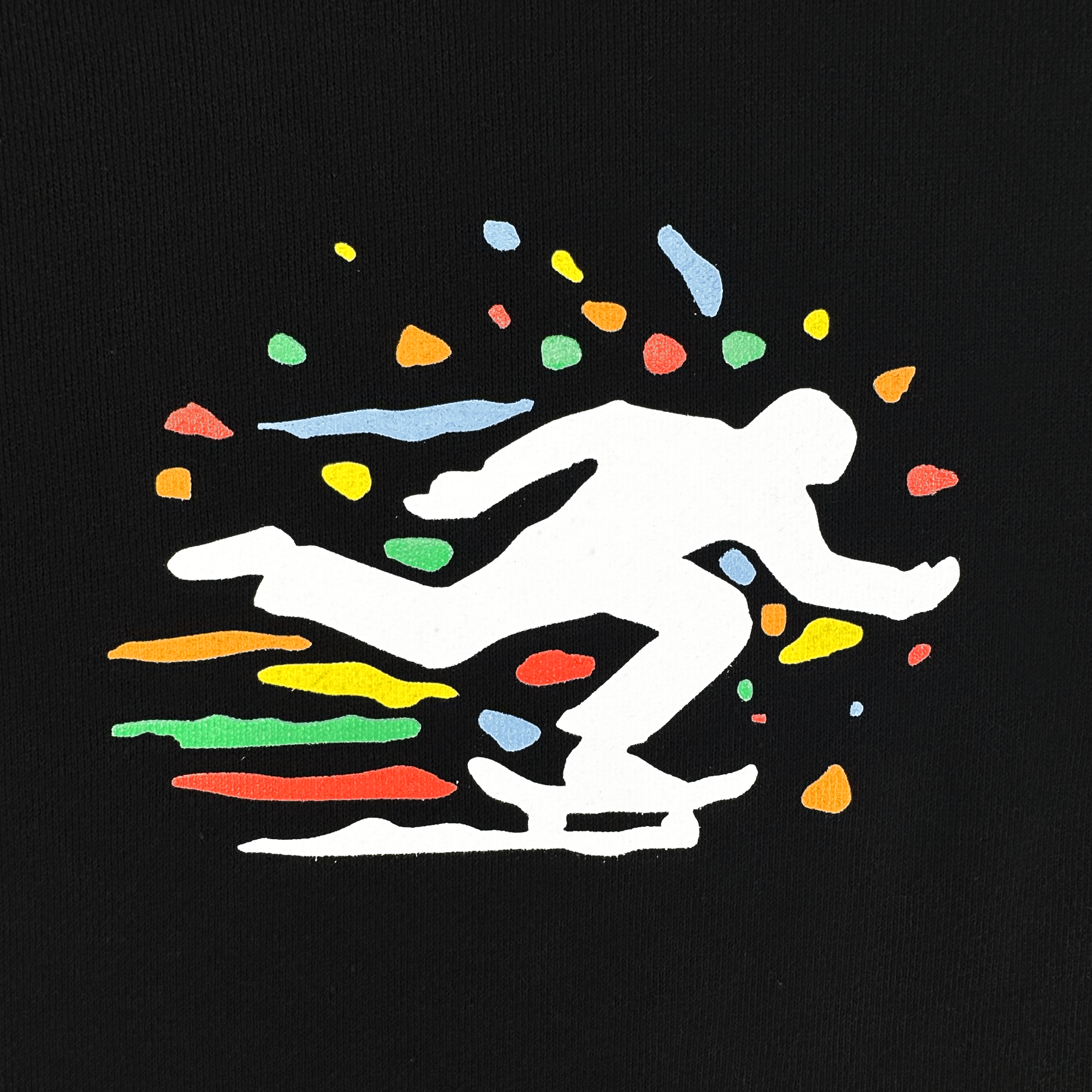A white skateboarder silhouette moves across a black background with colorful abstract shapes, reflecting the dynamic energy of the Oakland Roots SC X Break Free Hoodie by Oakland Roots SC.