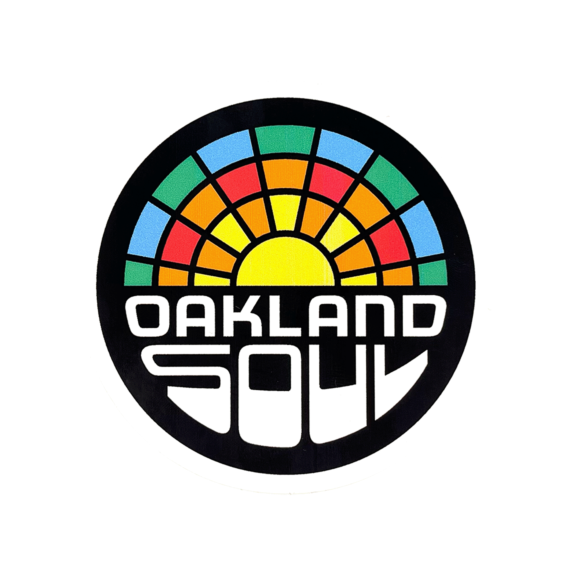 The Oakland Soul Sticker showcases a circular logo with a stylized sun whose rays form a mosaic of colored segments in dark blue, blue, green, orange, and yellow. Below the sun, "OAKLAND SOUL SC 2023" is written in white text in a modern, geometric font set against a black background. It promotes sport for social good. From the Oakland Soul brand.