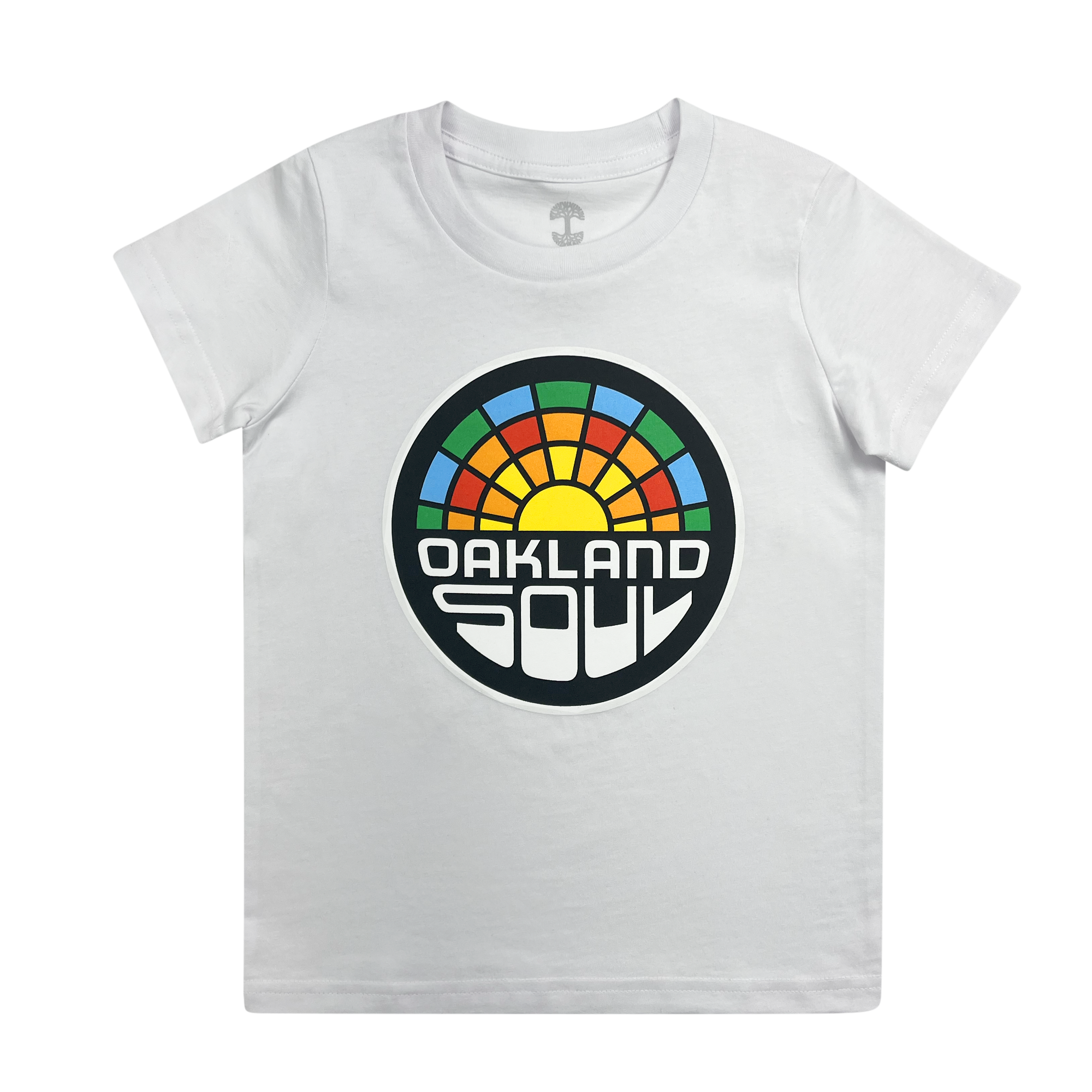 Dress your little one in the Toddler Oakland Soul Logo Tee by Oakland Soul! This white t-shirt showcases a colorful logo with the words "OAKLAND SOUL" beneath a vibrant graphic design. The design features a semi-circle composed of sunrise-like rays in colors such as green, blue, yellow, and red, emanating from a central yellow circle. Show your support for this inspiring women's soccer team in the USL W-League!