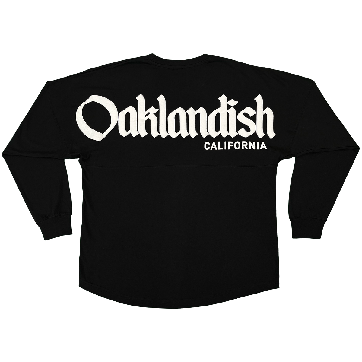 Introducing the Oaklandish Temple LS Tee—a men’s heavy-weight, 100% cotton long sleeve t-shirt in black. The back features “Oaklandish” in large white Gothic letters with “California” in smaller text underneath, all displayed against a plain white background. This tee combines comfort and bold style.