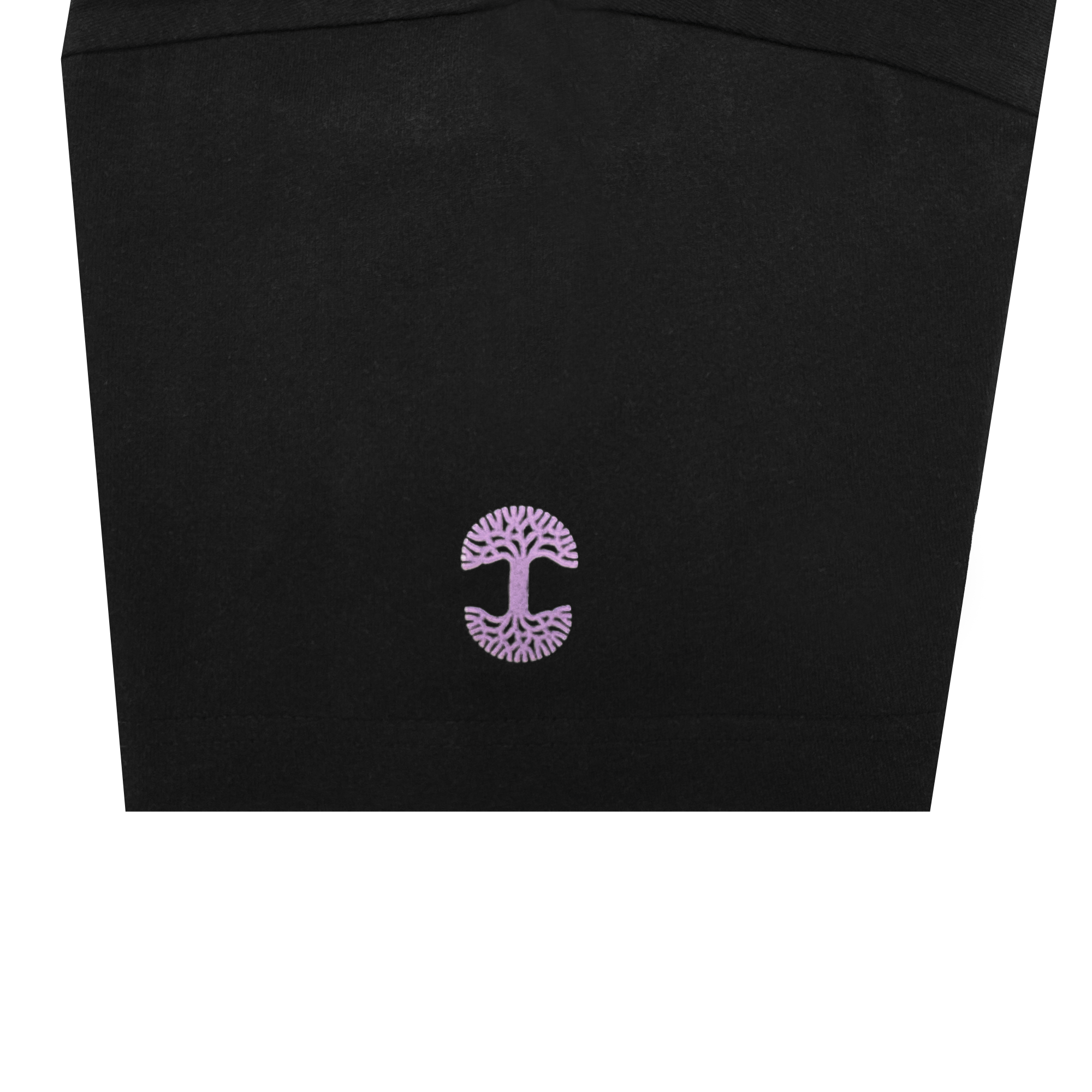 The GSV Odin Tee is a black, 100% cotton heavyweight t-shirt with a small lavender tree emblem, featuring spreading branches and roots, embroidered near the hem. Background shown is plain white.