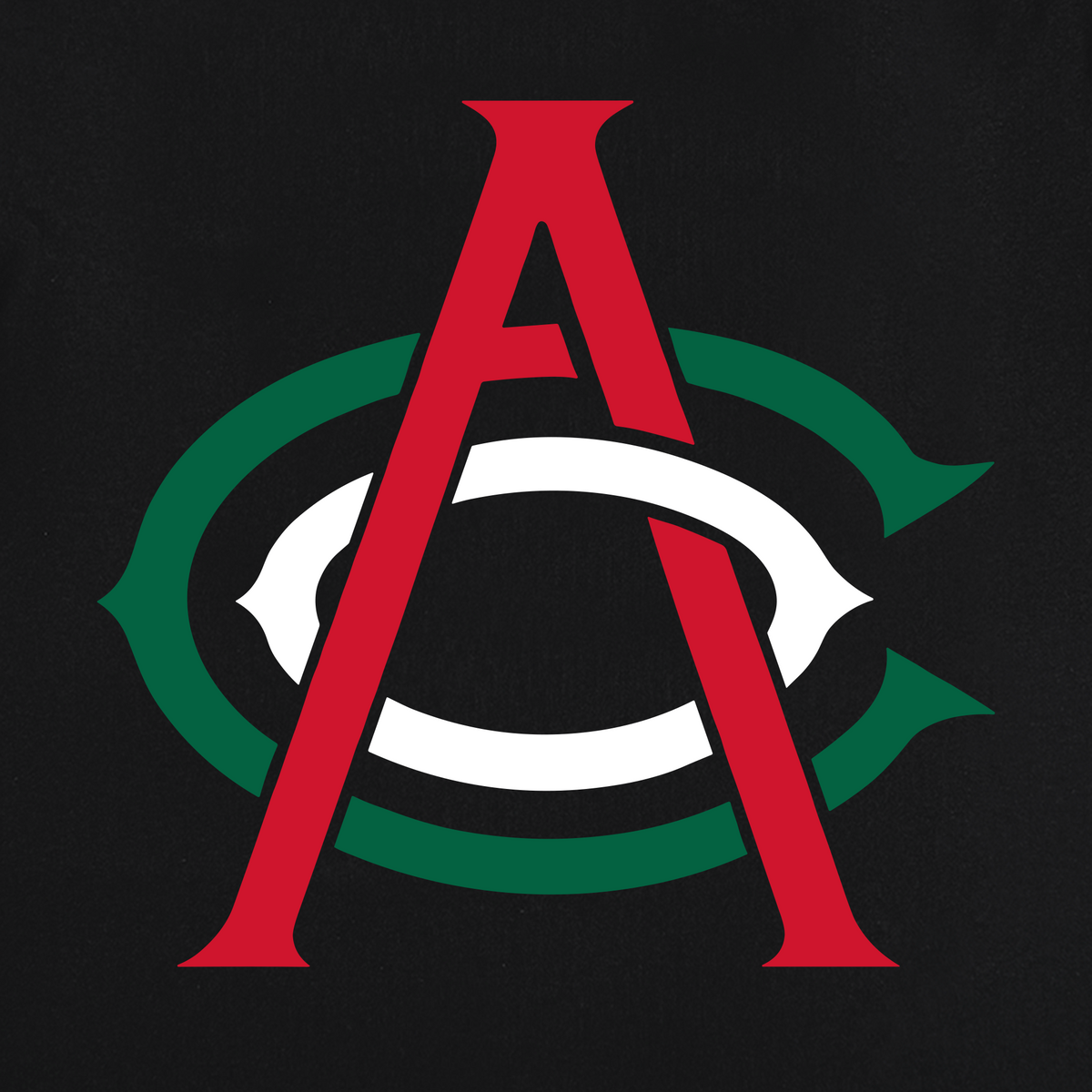 Introducing the Viva OAC Tee from OAC—a bold, geometric design featuring a large red letter “A” layered over a stylized green “C” with a crisp white center, set against a black background. Inspired by the Oakland Athletic Club, this unified logo is perfect for printing on our heavy-weight cotton, classic fit t-shirt.