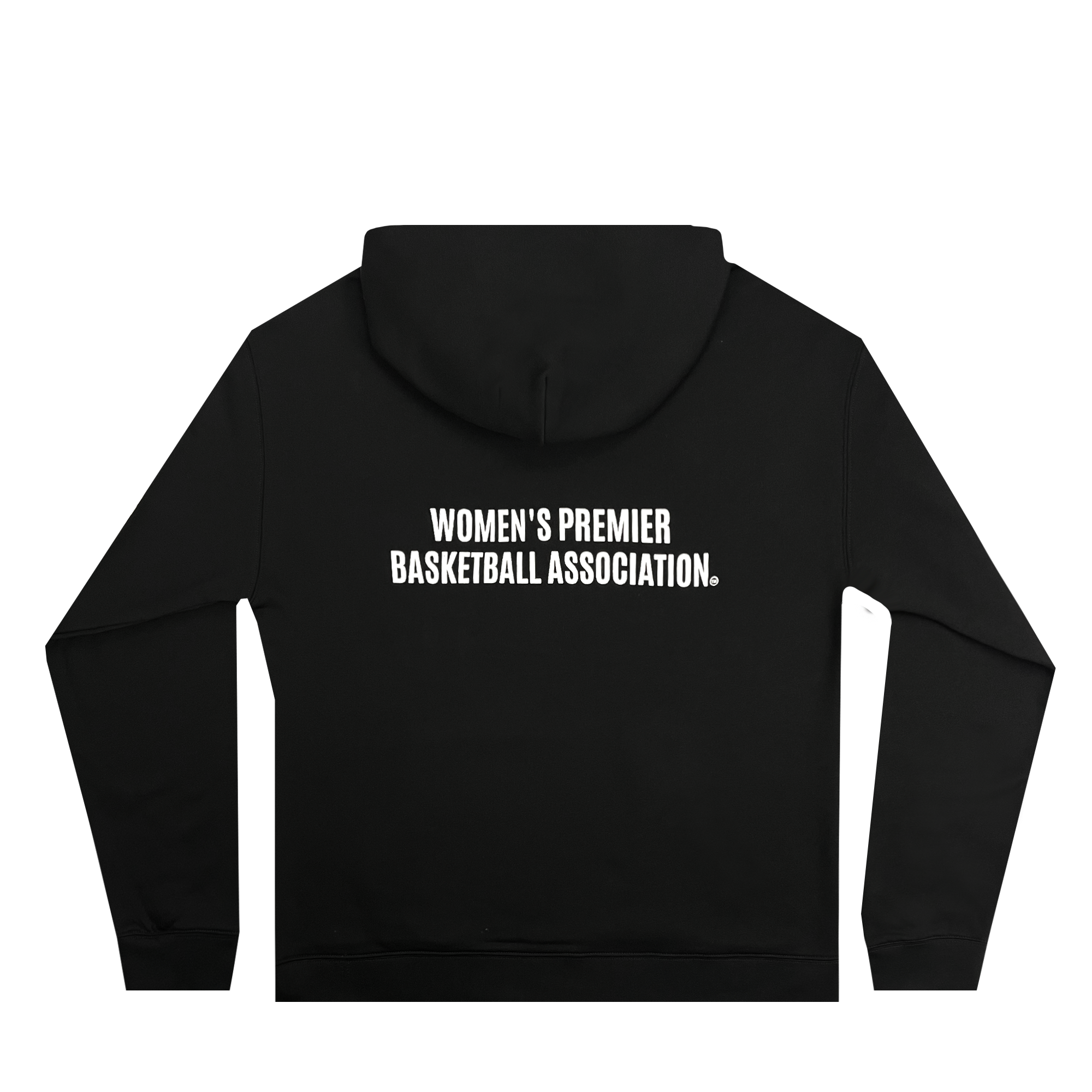 A black WPBA Core Hoodie from Oaklandish is displayed from the back. "Women's Premier Basketball Association" is printed in bold white capital letters on the back, centered below the hood. The hoodie features long sleeves and a casual design, perfect for women's sports or leisurewear, radiating empowerment.