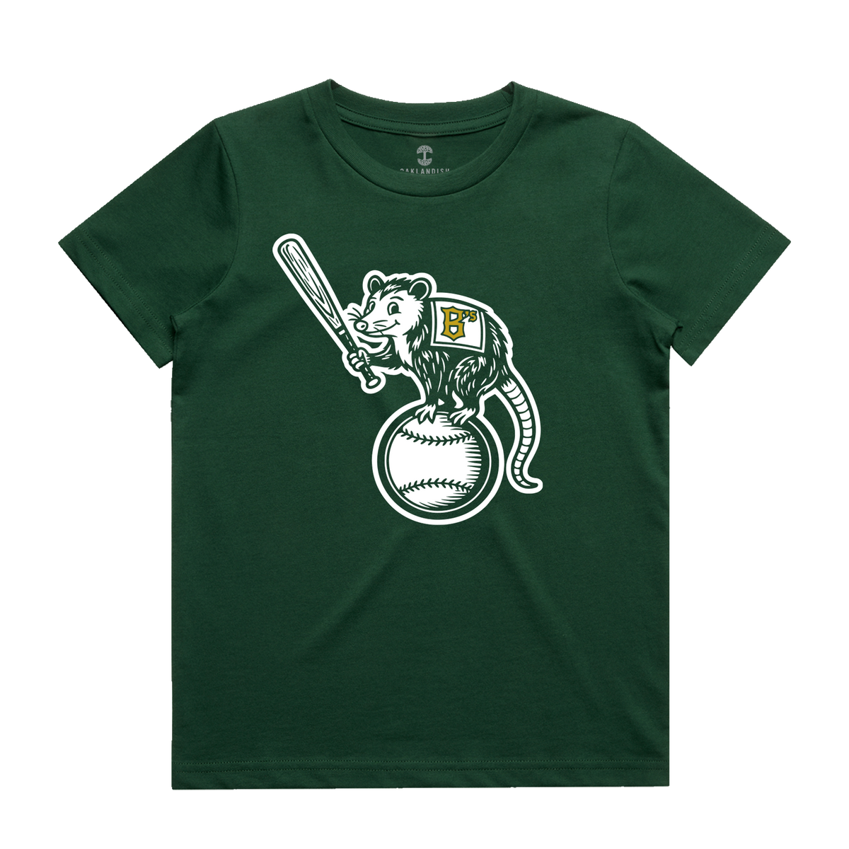 The Oakland Ballers Youth Clutch Tee is a dark green t-shirt showcasing a cartoon opossum wearing a vest with a yellow-detailed white “B,” standing proudly on a large baseball and holding a bat—a fun tribute to the pro baseball team.