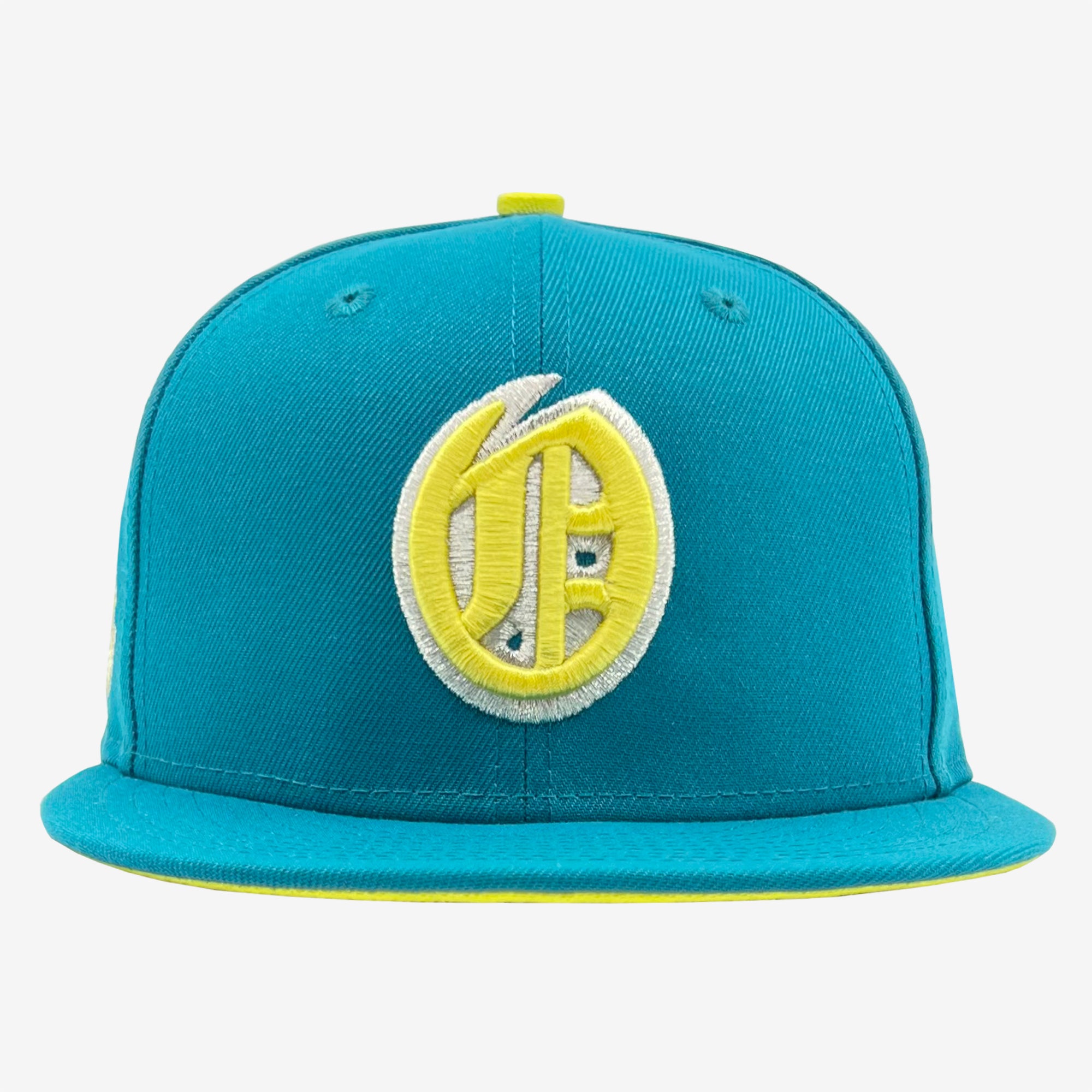 The New Era Oakland Oaks 59FIFTY fitted cap by Retail Vendors is a teal flat-brim polyester cap that features a fluorescent yellow and white embroidered circular logo on the front. The stylized logo incorporates a combination of abstract letters or symbols. This fitted cap also includes yellow accents, such as the underside of the brim, against a plain white background.