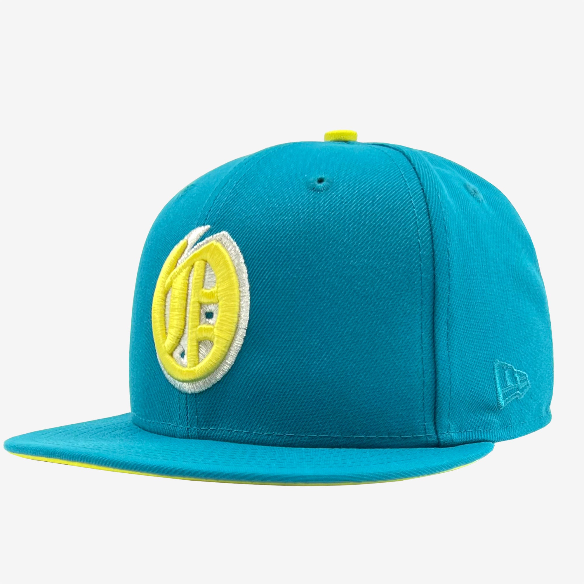 The New Era Oakland Oaks 59FIFTY Fitted Cap by Retail Vendors is a stylish polyester teal baseball cap featuring a flat brim with a yellow edge and a fluorescent yellow embroidered logo of a stylized letter "B" on the front. It includes small circular ventilation holes at the top and proudly displays the New Era logo on the side.