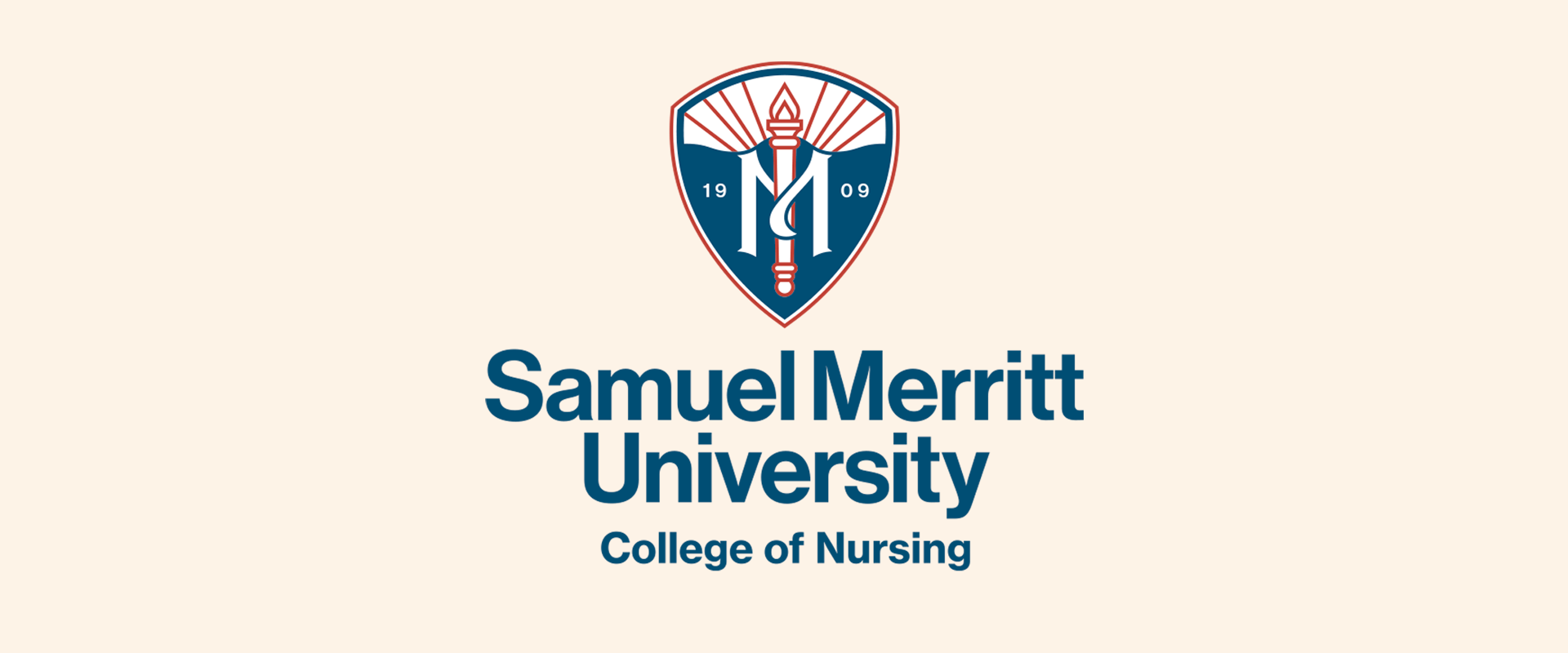 Samuel Merritt University College of Nursing logo with a stylized shield featuring a lamp, open book, and “1909”. Blue text reads “Samuel Merritt University College of Nursing” on a beige background.
