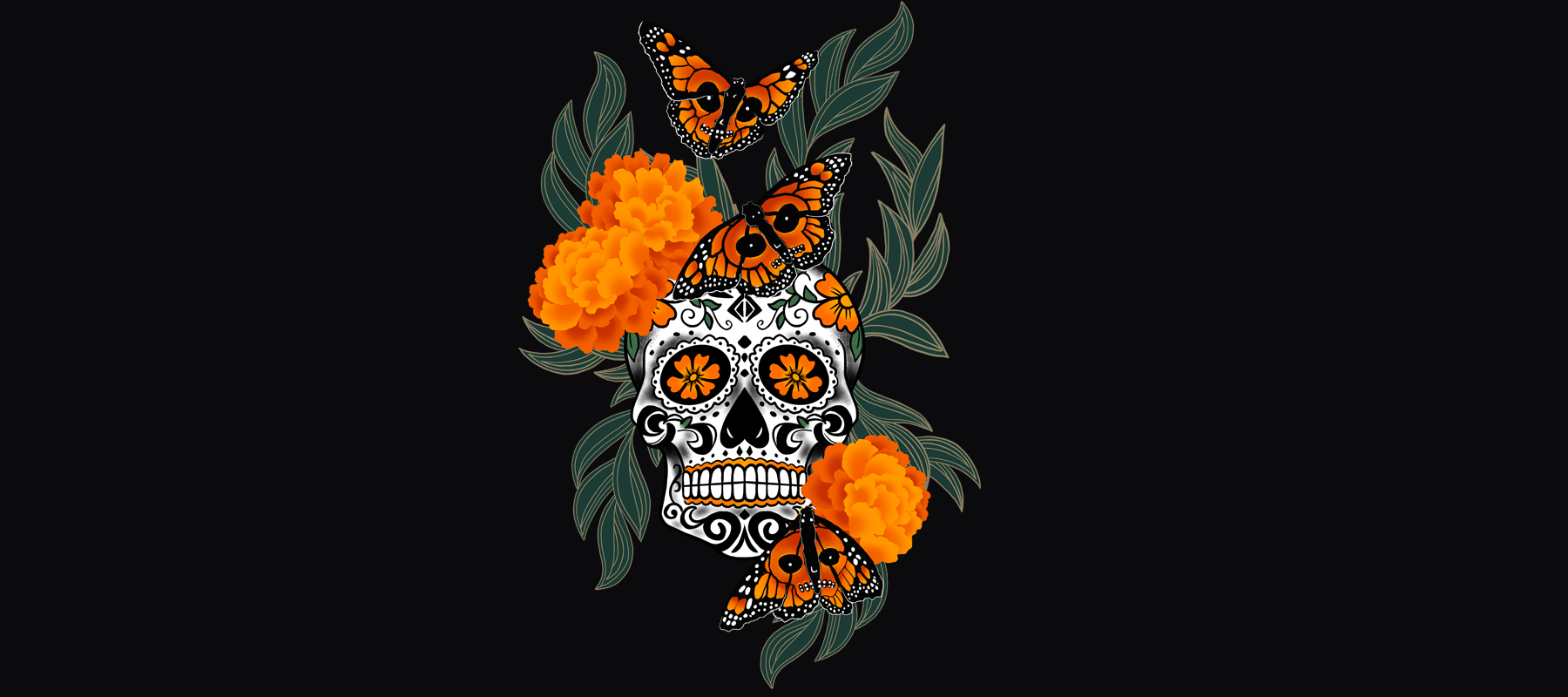 A decorative sugar skull with ornate black designs, orange marigold flowers, green leaves, and vibrant orange monarch butterflies on a black background.
