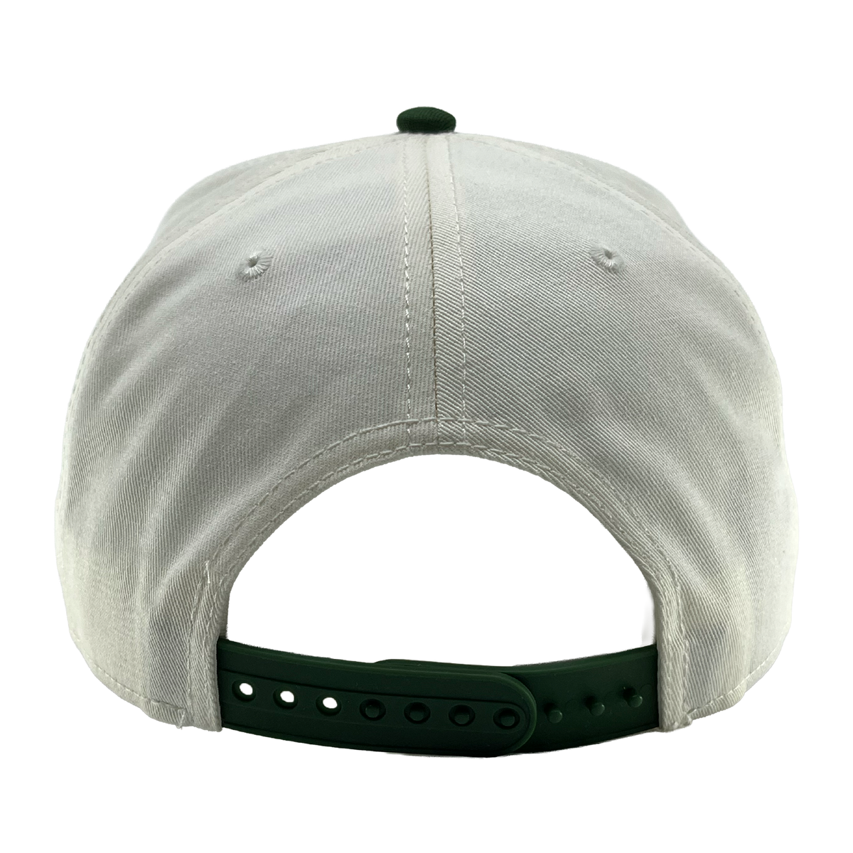 A back view of the OAC Logo 5 Panel by OAC shows a white snapback cap with a green adjustable strap and two embroidered eyelets. The cap is plain with no visible logos or designs, reflecting the understated style of the Oakland Athletic Club.