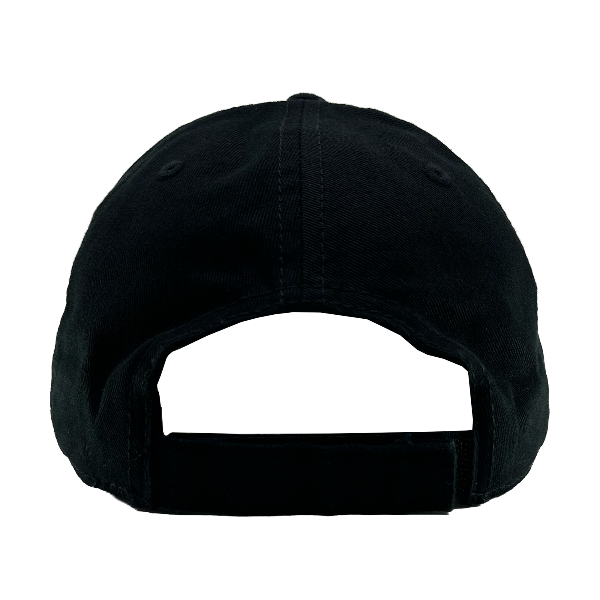 The OAC Logo Dad Hat by OAC is shown from the back against a plain white background, highlighting its black color, stitched panels, adjustable strap with hook-and-loop closure, and curved opening above the strap. The design is inspired by the Oakland Athletic Club.