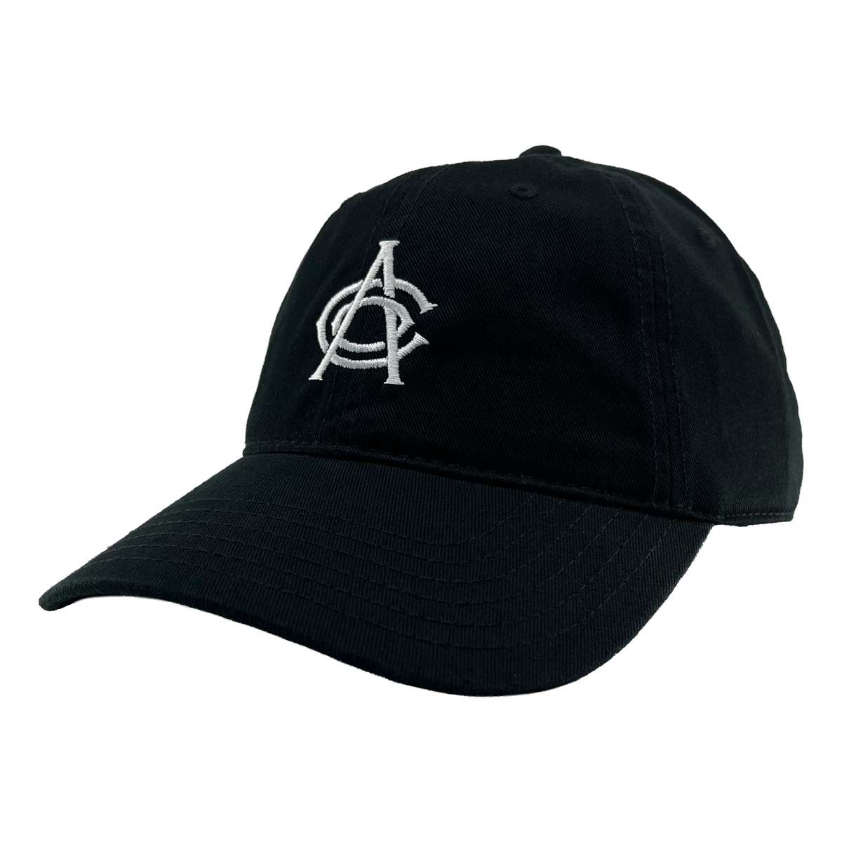 The OAC Logo Dad Hat by OAC is a black cap with a curved brim, highlighted by a white embroidered overlapping “A” and “C” logo on the front, inspired by the Oakland Athletic Club. Displayed against a plain white background, the hat is angled slightly to the left to showcase its front and side panels as well as an adjustable strap at the back for a comfortable fit.