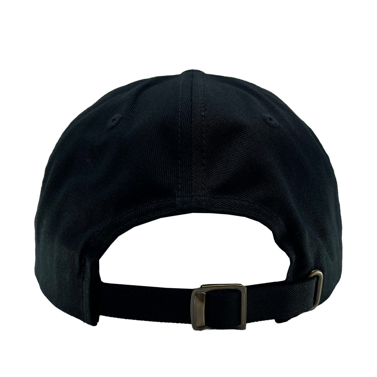 The OAC Script Dad Hat by OAC, shown from the back against a plain white background, features a classic black design with an adjustable strap and metal buckle for effortless size adjustment. Two sewn eyelets on the rear panels highlight its timeless Oakland Athletic Club style.