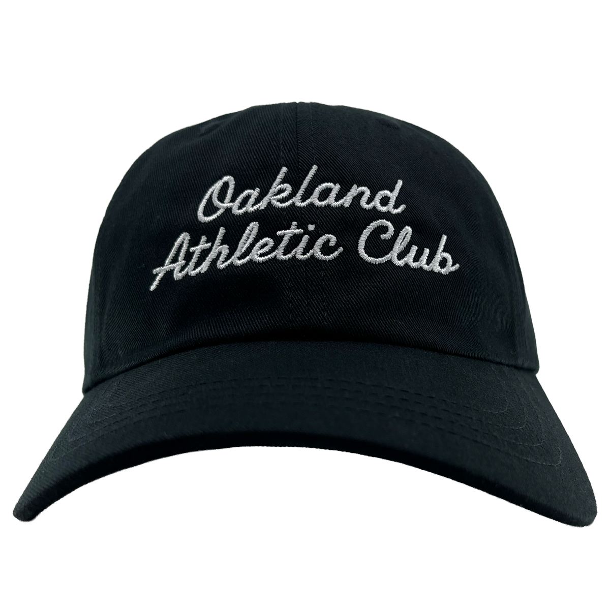 A front view of the OAC Script Dad Hat by OAC, in black, featuring “Oakland Athletic Club” embroidered in white cursive on the front and an adjustable back strap, set against a plain white background.