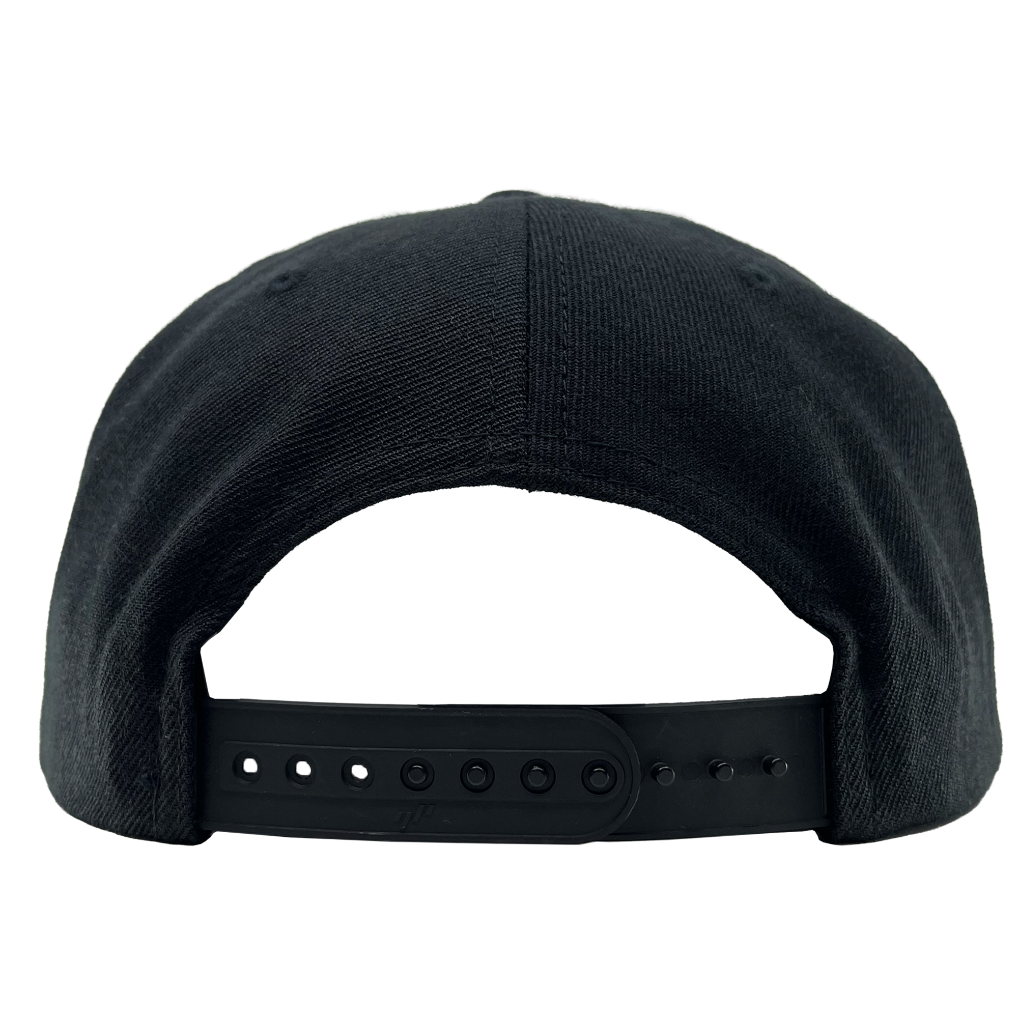 The OAC Script Snapback by OAC is displayed from the back, highlighting its plastic adjustable snapback closure with multiple holes and pegs for a customizable fit. The cap’s textured fabric adds a subtle touch of detail, making it a stylish choice—especially for fans of the Oakland Athletic Club. It rests against a plain light background.