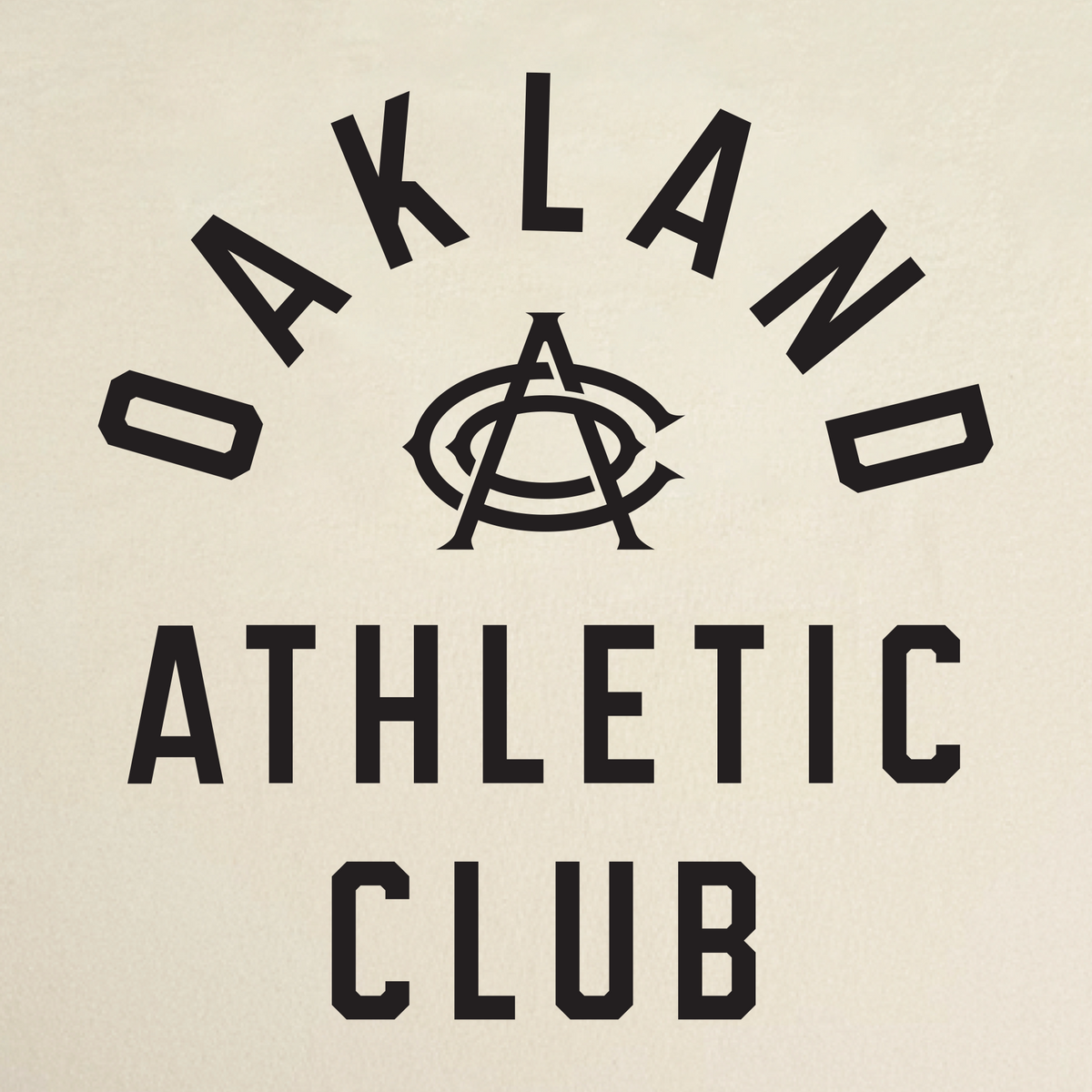 Text reads “OAKLAND ATHLETIC CLUB” in bold black letters, with “OAKLAND” arched above a stylized overlapping “OAC” monogram and “ATHLETIC CLUB” stacked below. This design appears on the OAC Prestigious Tee—a classic fit t-shirt crafted from soft, heavyweight cotton. The background is a light beige.