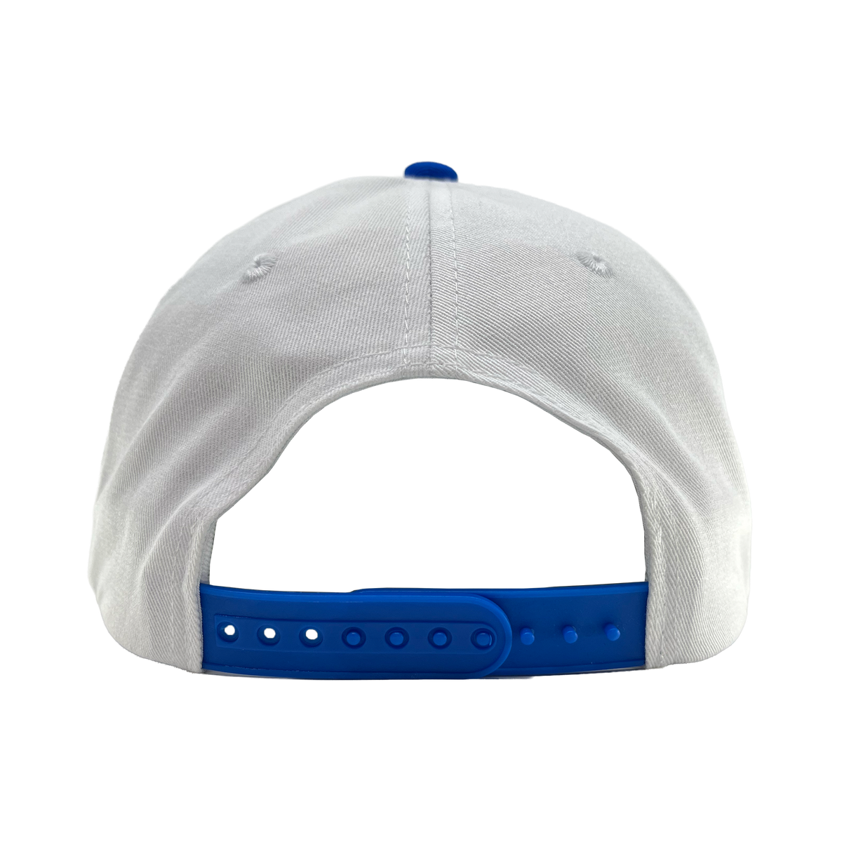A white Oakland Ballers 5 Panel Cap is shown from the back, featuring a blue adjustable snapback closure with several holes and a plastic strap. The plain white background highlights the cap’s visible stitching and two small ventilation holes on each side, making it a stylish accessory for any Oakland Ballers fan.