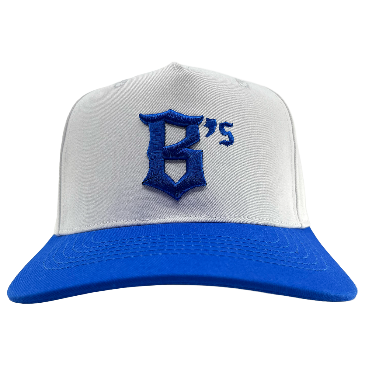 The Oakland Ballers 5 Panel Cap by Oakland Ballers is a white snapback featuring a vibrant blue brim. Centered on the front, it showcases a large, stylized blue “G” followed by a small blue apostrophe and the number “5” embroidered in classic Oakland Ballers style. The background is plain white.