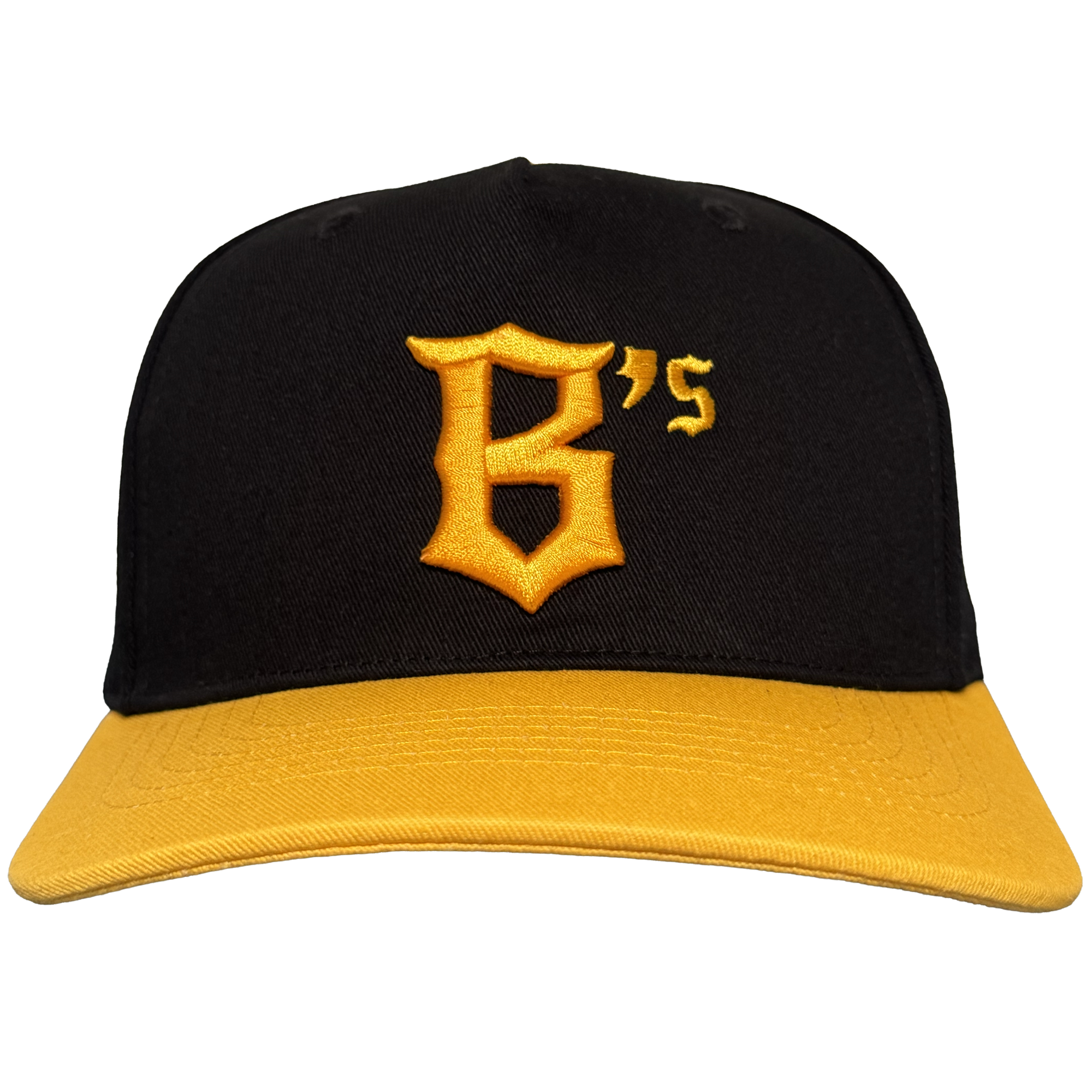 The Oakland Ballers 5 Panel Cap by Oakland Ballers is a black snapback with a yellow brim, featuring a bold yellow “B” and small “’S” on the front, inspired by the Oakland Ballers. The background is plain white.