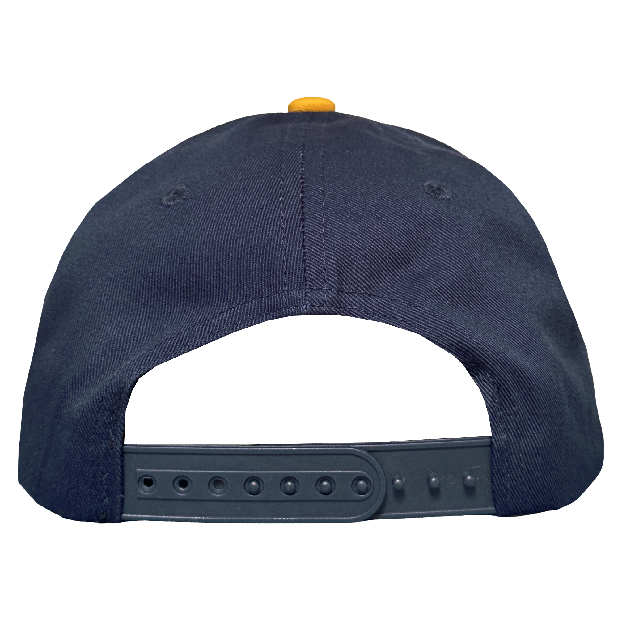 The Oakland Ballers 5 Panel Cap is a navy blue snapback with a plastic adjustable strap and yellow top button, seen from the back against a plain white background. Brand: Oakland Ballers.