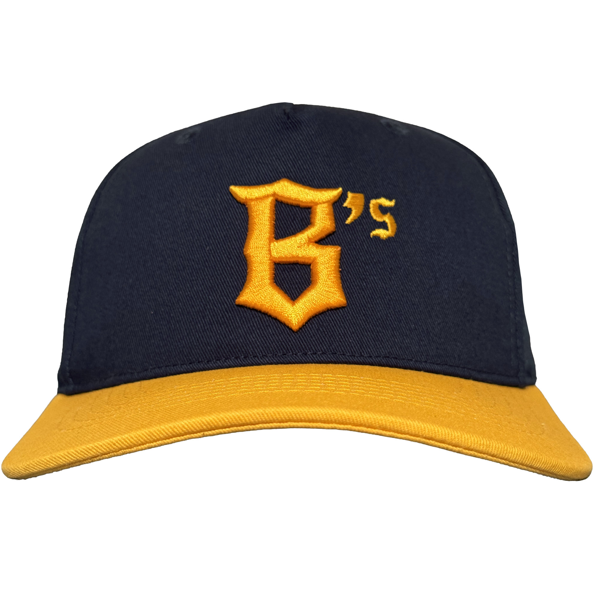 The Oakland Ballers 5 Panel Cap features a navy blue body, bright yellow brim, and a bold old English-style yellow "B's" on the front—perfect for any Oakland Ballers fan. Background is plain white.
