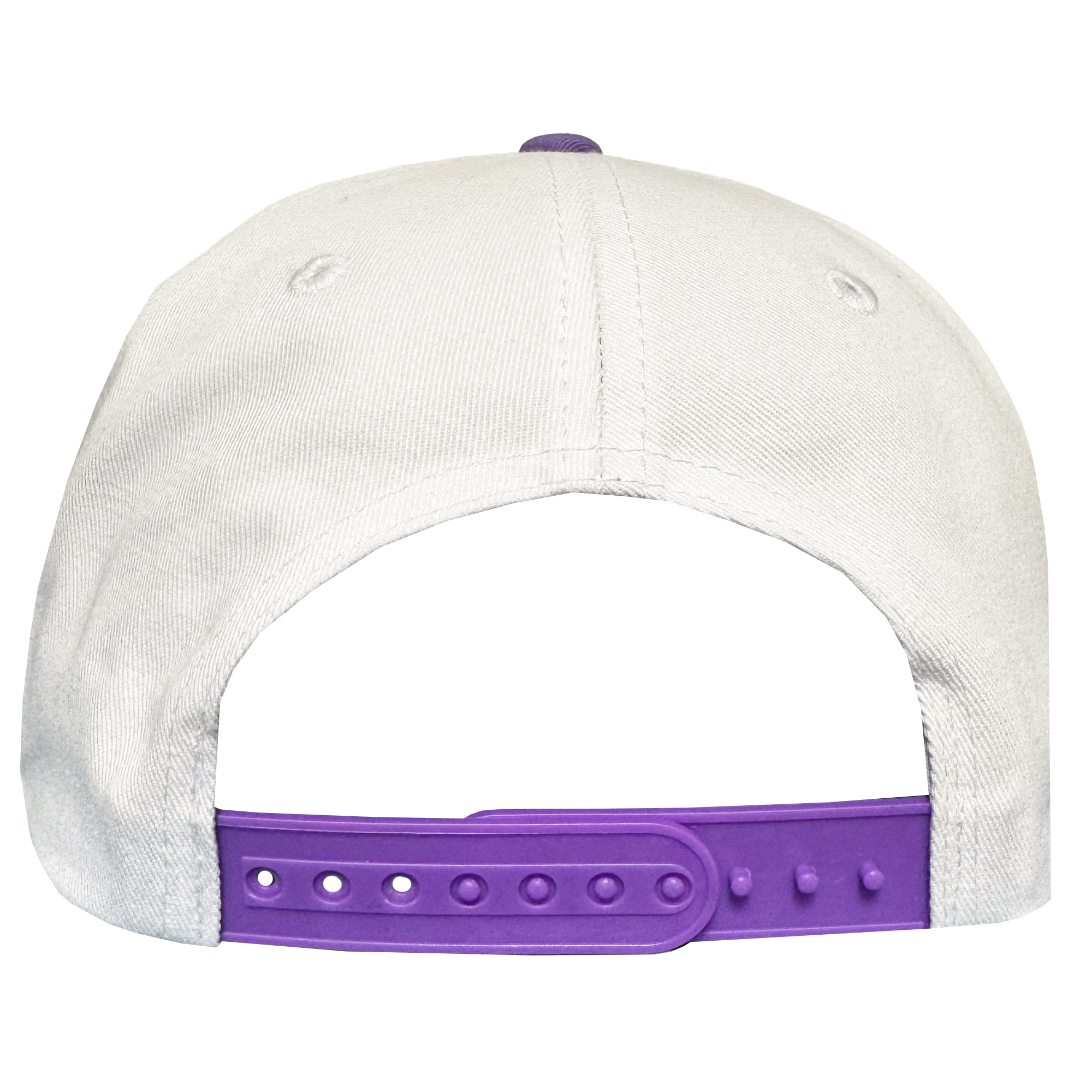 The Oakland Ballers 5 Panel Cap by Oakland Ballers is shown from the back, showcasing its distinctive purple adjustable snapback strap with multiple holes and pegs. Inspired by the Oakland Ballers team, this white cap stands out against a plain, light-colored background, drawing attention to its unique design details.