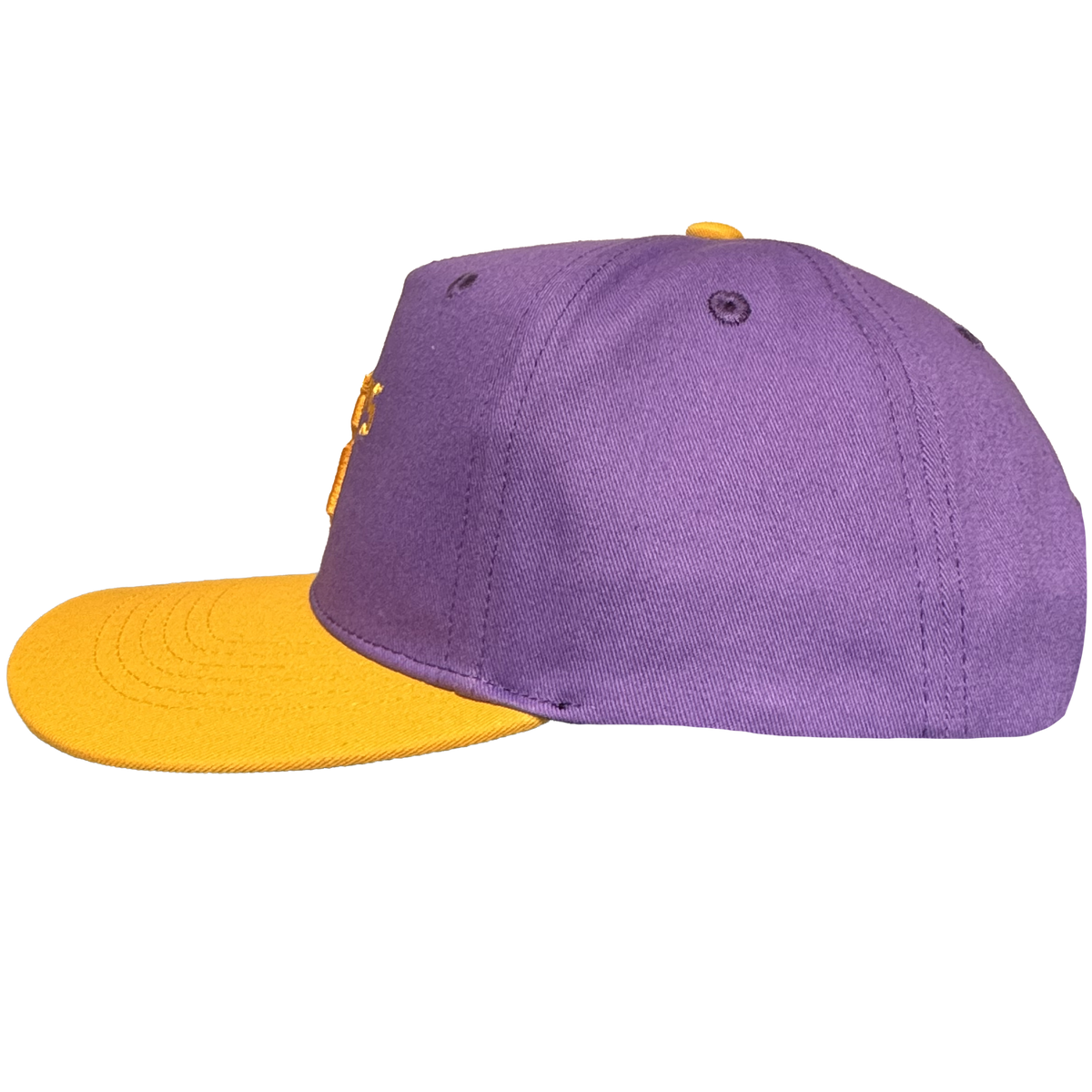 The Oakland Ballers 5 Panel Cap by Oakland Ballers features a purple crown with a flat yellow visor and a matching yellow top button, inspired by the team’s iconic colors. This snapback hat is pictured from the side, highlighting its visible stitching and two eyelets against a plain white background.
