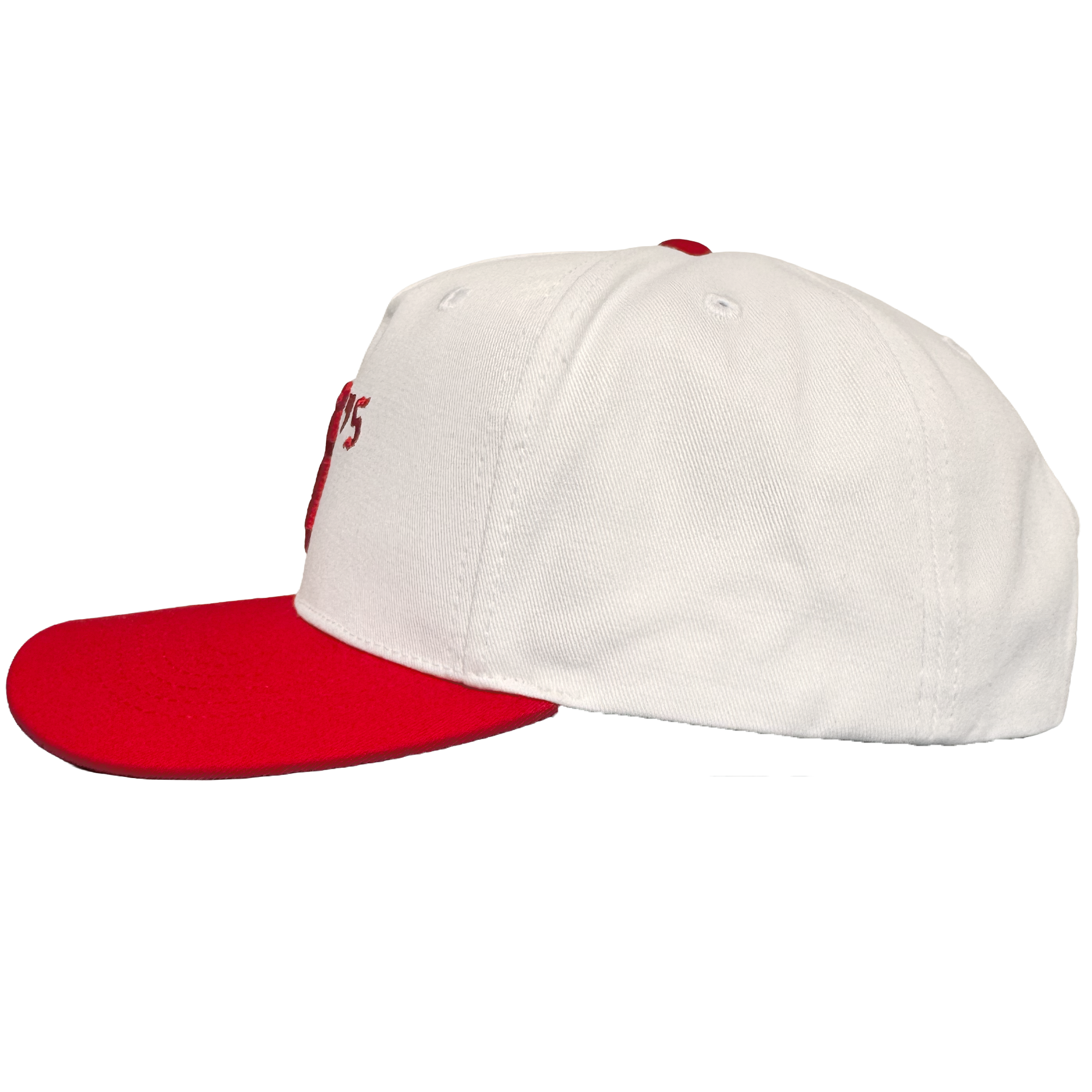 The Oakland Ballers 5 Panel Cap by Oakland Ballers is a white snapback hat with a flat red brim and button, side view. It has white panels, vent holes, visible stitching, and partial red embroidered "Oakland Ballers" text on the front. Plain white background.