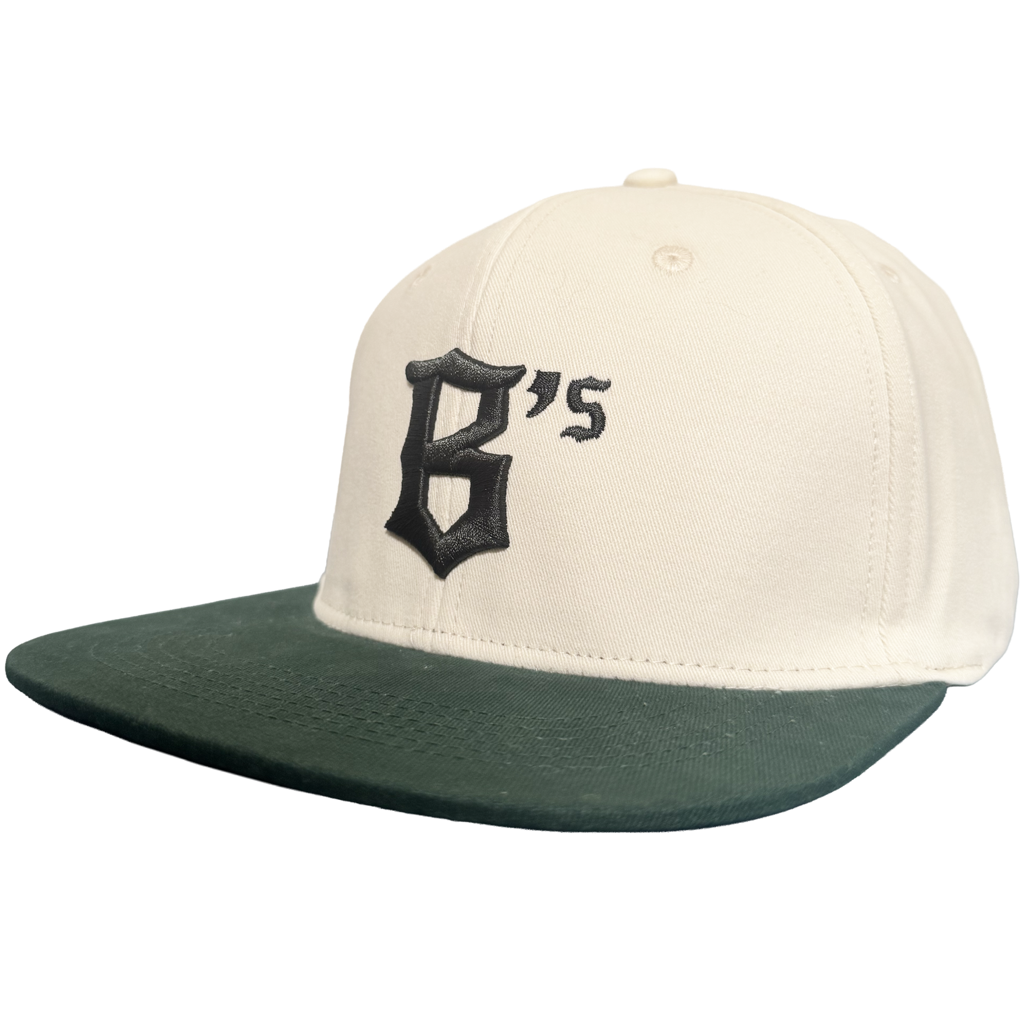 Introducing the Oakland Peloteros Hat by Oakland Ballers: This white cap features a dark green flat brim and showcases a prominent, black Gothic-style "B" with an adjoining apostrophe and "s" on the front—forming "B's," a proud symbol of the Oakland Ballers team from the Pioneer League. The background is crisp, clean white for a classic appeal.