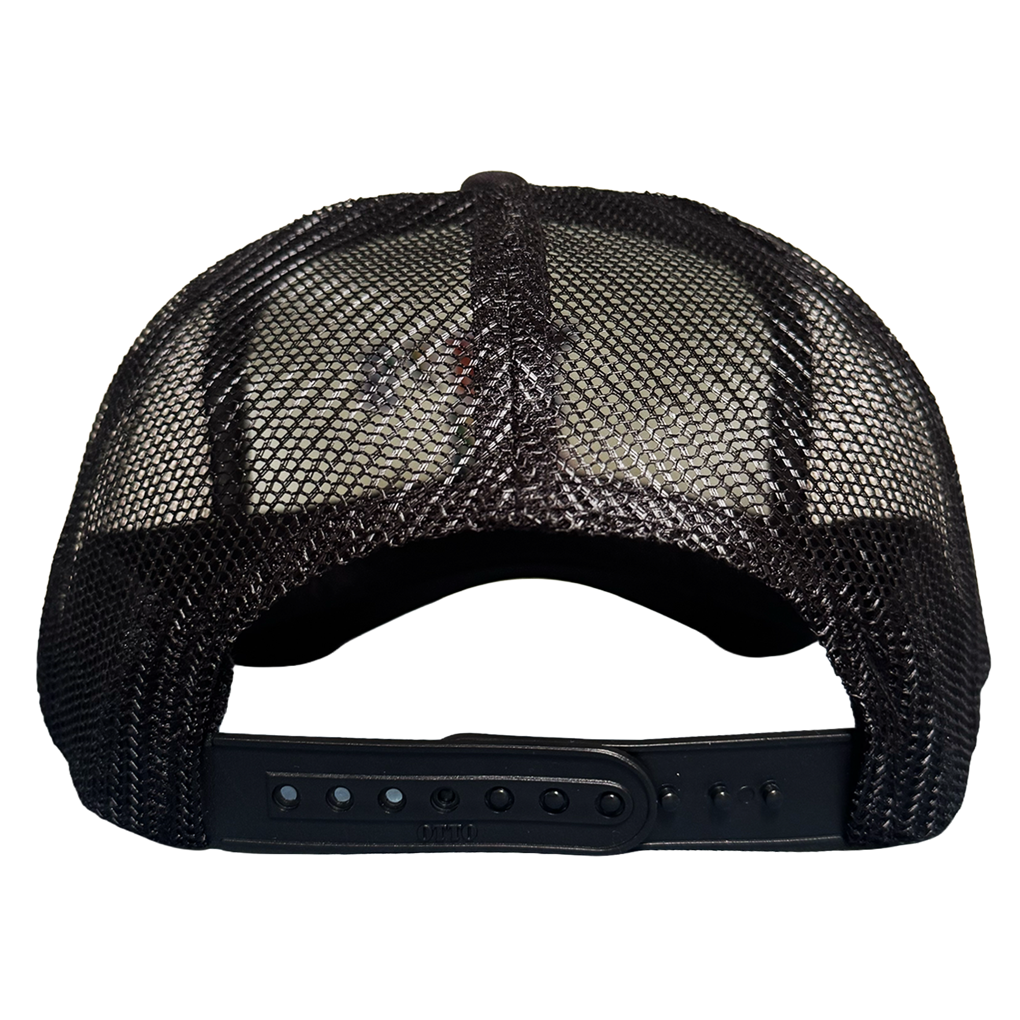 The Oakland Ballers Pride Trucker by Oakland Ballers is a black mesh hat with a curved brim and adjustable snap closure, shown from the back. Mesh allows visibility through the hat. Ideal for any Oakland Ballers fan. White background.