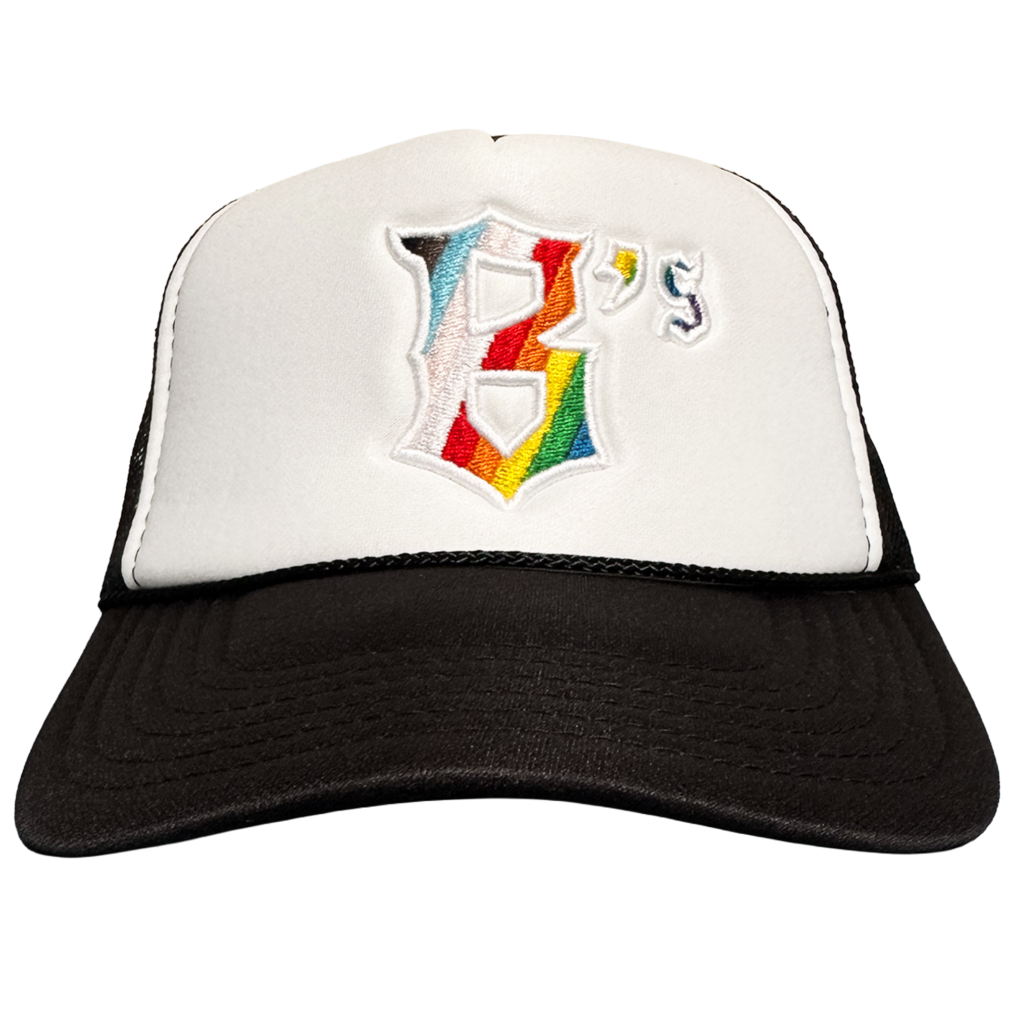 The Oakland Ballers Pride Trucker is a white and black hat with a bold, rainbow-embroidered "B" and small "'s" on the front—perfect for fans of classic Oakland baseball style.