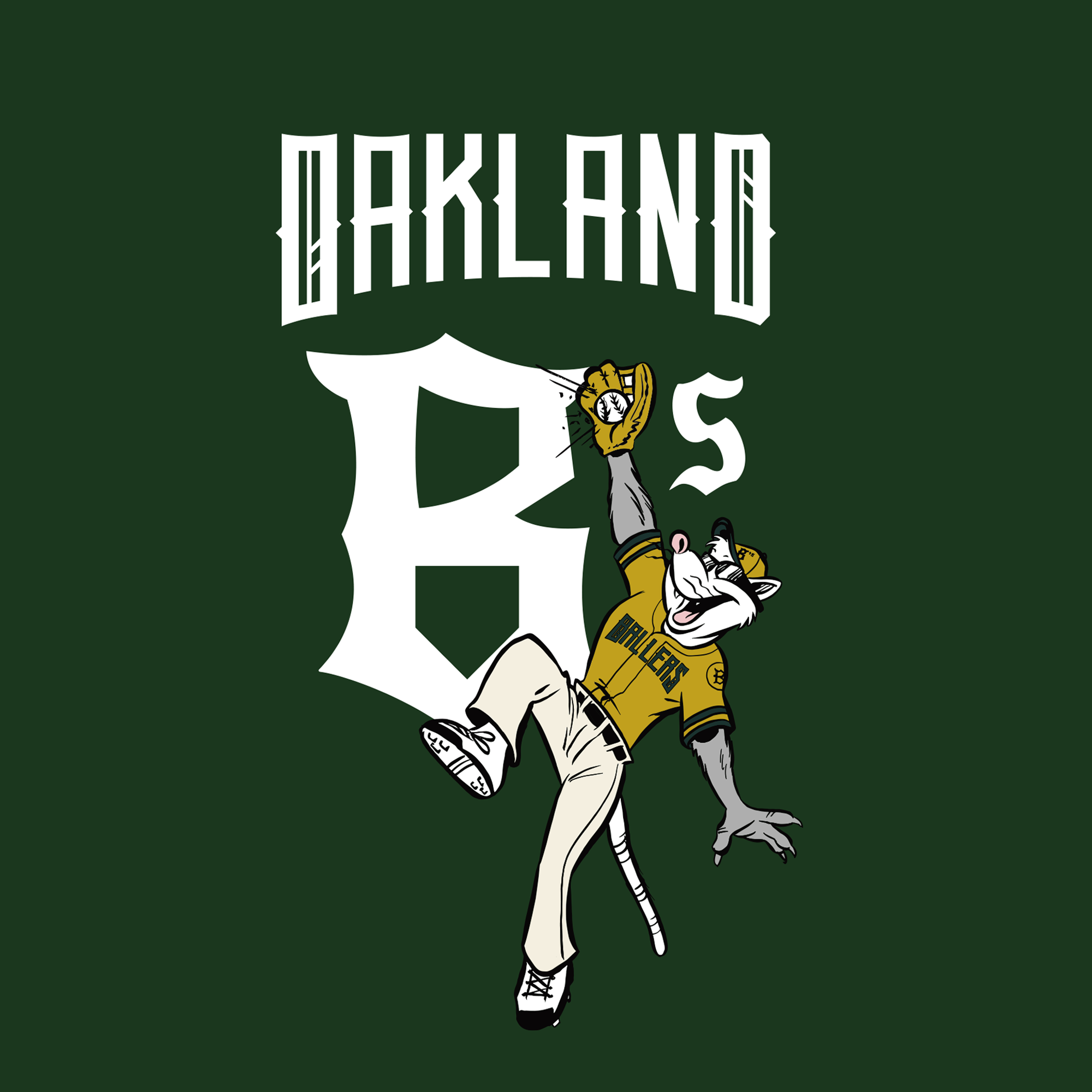 A cartoon tiger wearing an Oakland Ballers uniform leaps for a ball with a big white "B" and "OAKLAND" above, highlighting the Oakland Ballers Pioneer League team on this dark green Women's Scrappy Jumps Tee.