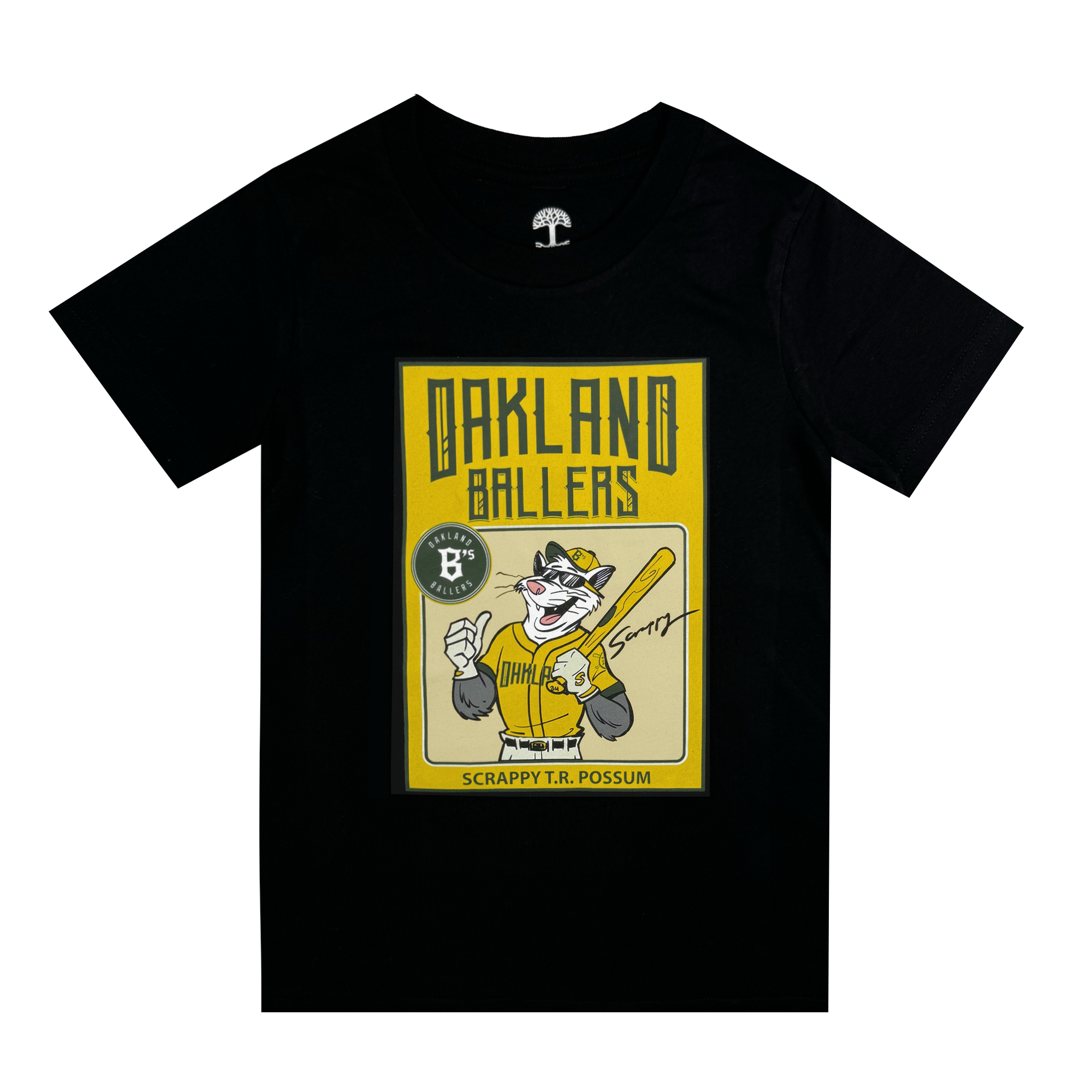 The Toddler Scrappy Rookie Tee by Oakland Ballers is a black T-shirt with a vintage-style baseball card graphic of mascot Scrappy the Rally Possum in a yellow jersey, holding a bat. The card reads “OAKLAND BALLERS” and “SCRAPPY T.R. POSSUM” with a “Sorry!” signature.