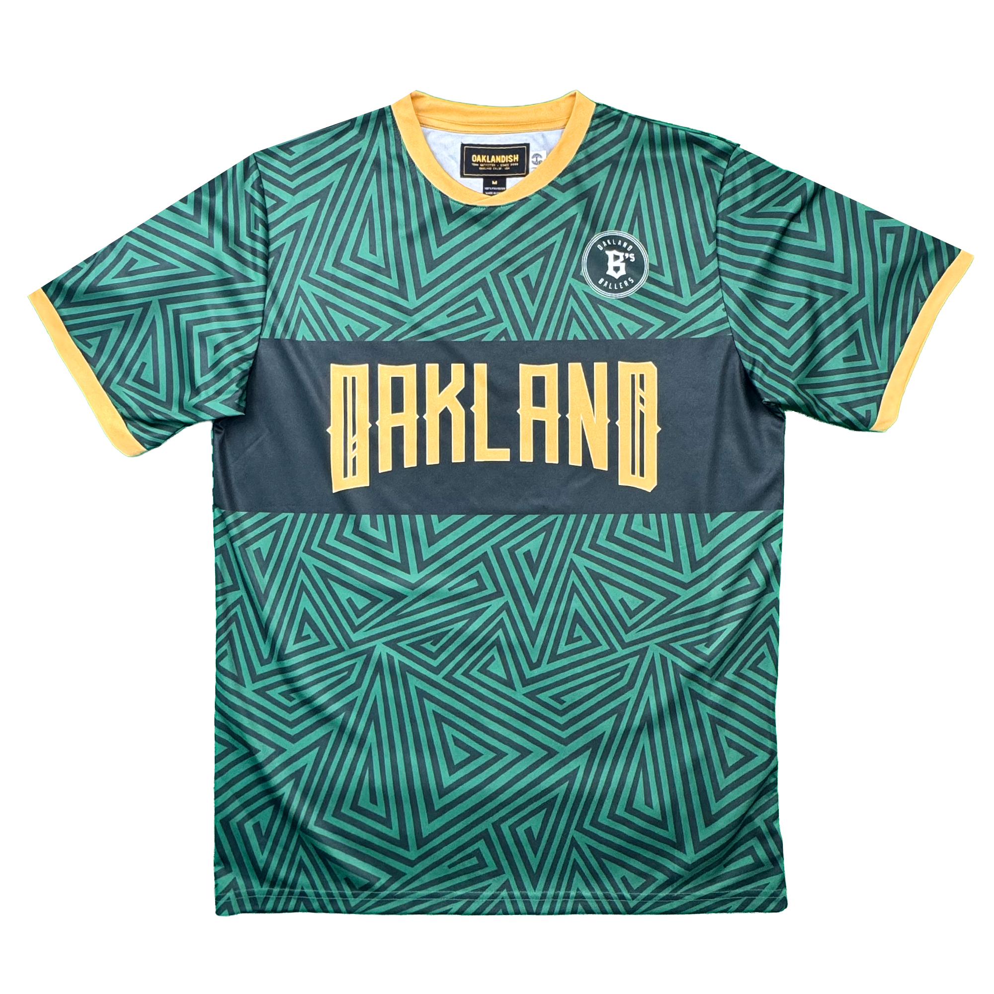The Oakland Ballers SC Jersey by Oakland Ballers features a vibrant green color with yellow geometric patterns, yellow sleeve cuffs and collar, and a dark gray band across the chest showcasing "OAKLAND" in bold yellow letters. A round logo with a "B" appears on the left chest, making this authentic pro baseball jersey perfect for fans of the Oakland Ballers or anyone seeking gear inspired by the iconic Oakland baseball team.