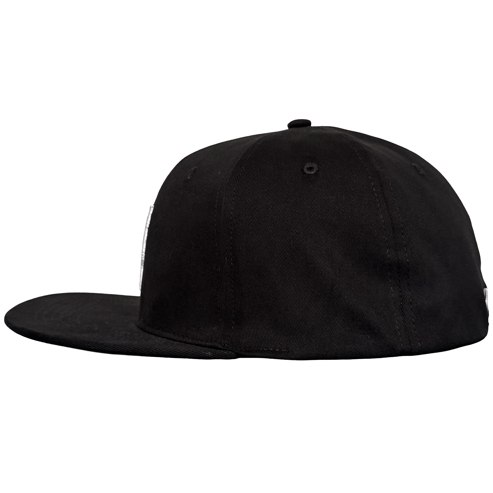 The Oakland Stand Up Hat by Oakland Ballers is a black, flat-brim baseball cap with a structured crown and small top button, shown from the left side on a plain light gray background. The cap has no visible logos or designs.