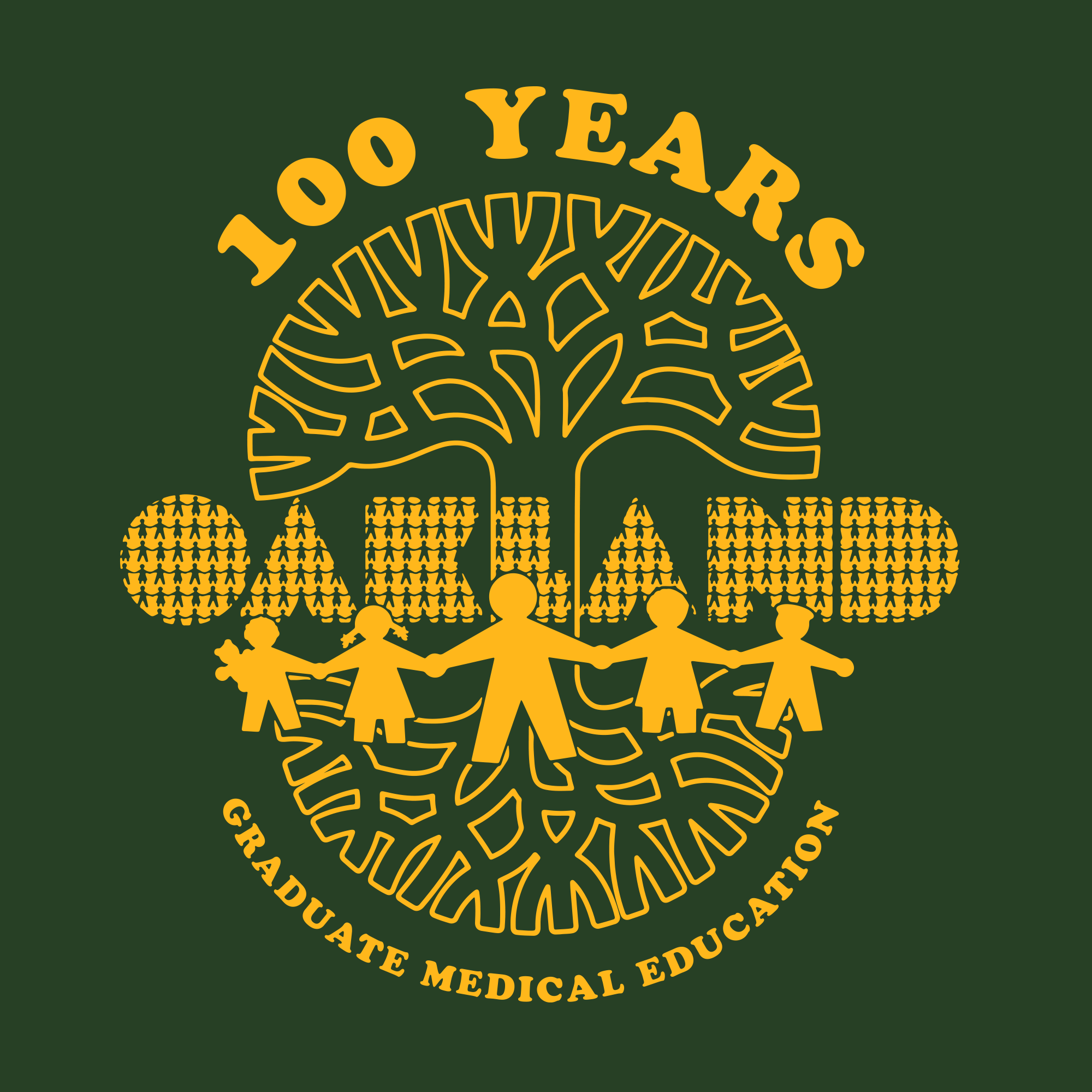 Yellow graphics pop on a green tee: “100 YEARS” arcs over a stylized tree, with “OAKLAND” spanning the trunk—filled with child and adult icons holding hands. “GRADUATE MEDICAL EDUCATION” curves below. The Oaklandish Century of Caring Tee celebrates 100 years of UCSF Benioff Children's Hospital Oakland, honoring community and education through Graduate Medical Education.