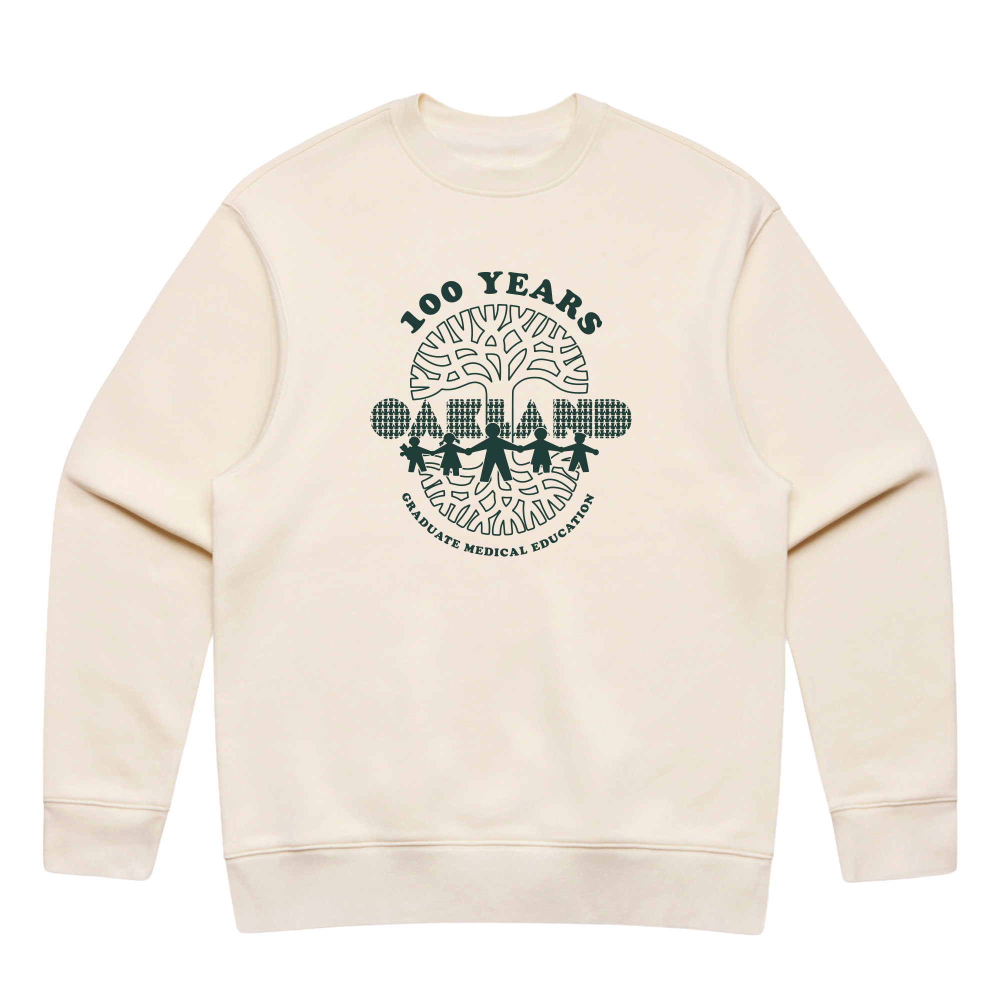 The Oaklandish Century of Caring Crew is a cream-colored sweatshirt featuring a dark green “100 YEARS” logo. Its design showcases four figures holding hands beneath a tree adorned with medical symbols, with “GRADUATE MEDICAL EDUCATION” encircling the illustration. Inspired by the Oaklandish Centennial tee, this piece honors UCSF Benioff Children’s Hospital Oakland and its enduring legacy in Graduate Medical Education.