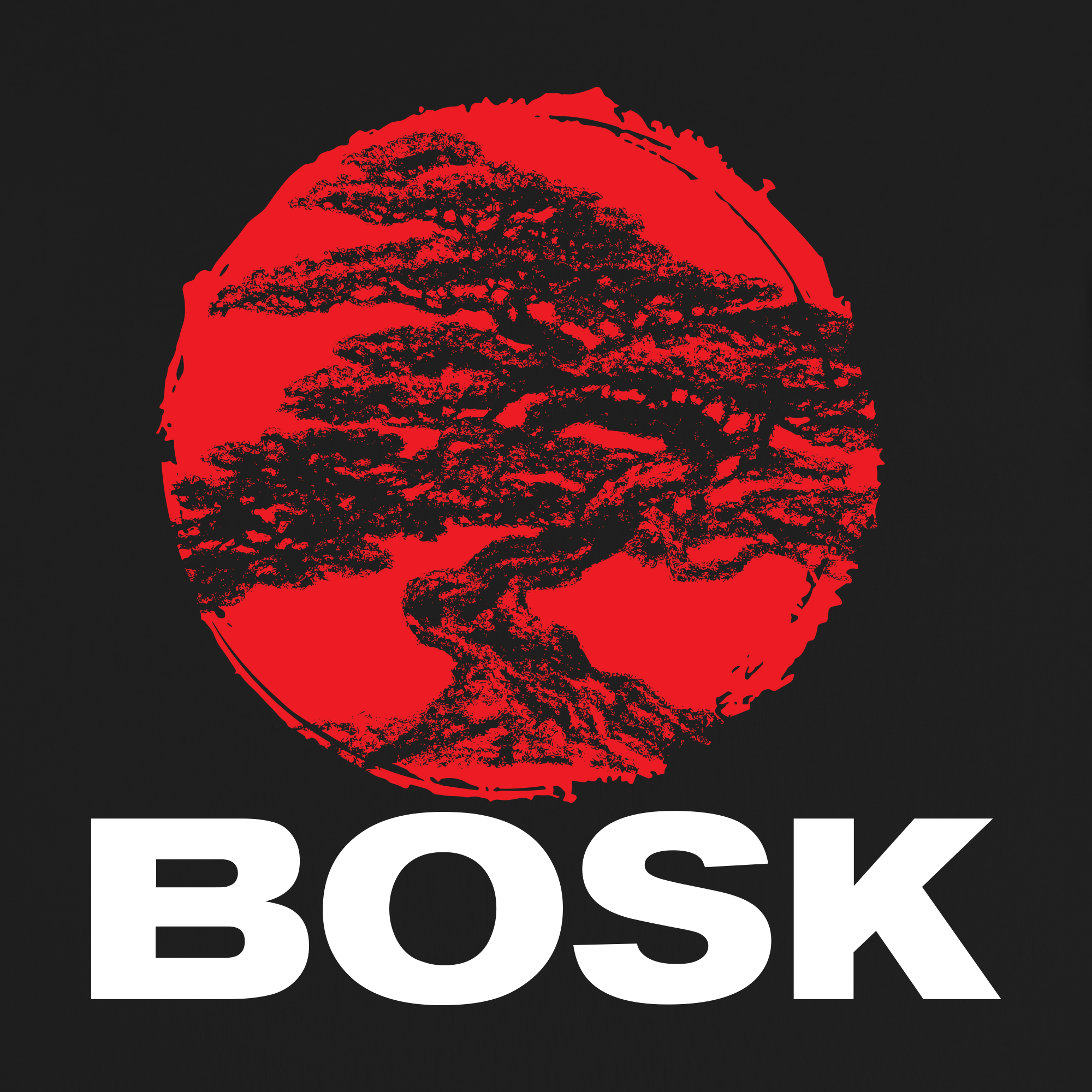 The Circle Bonsai Tee by BOSK features a stylized black bonsai tree centered in a rough red circle on a black background, with bold white “BOSK” lettering below. The artwork has a textured, brushstroke style on this classic fit shirt.