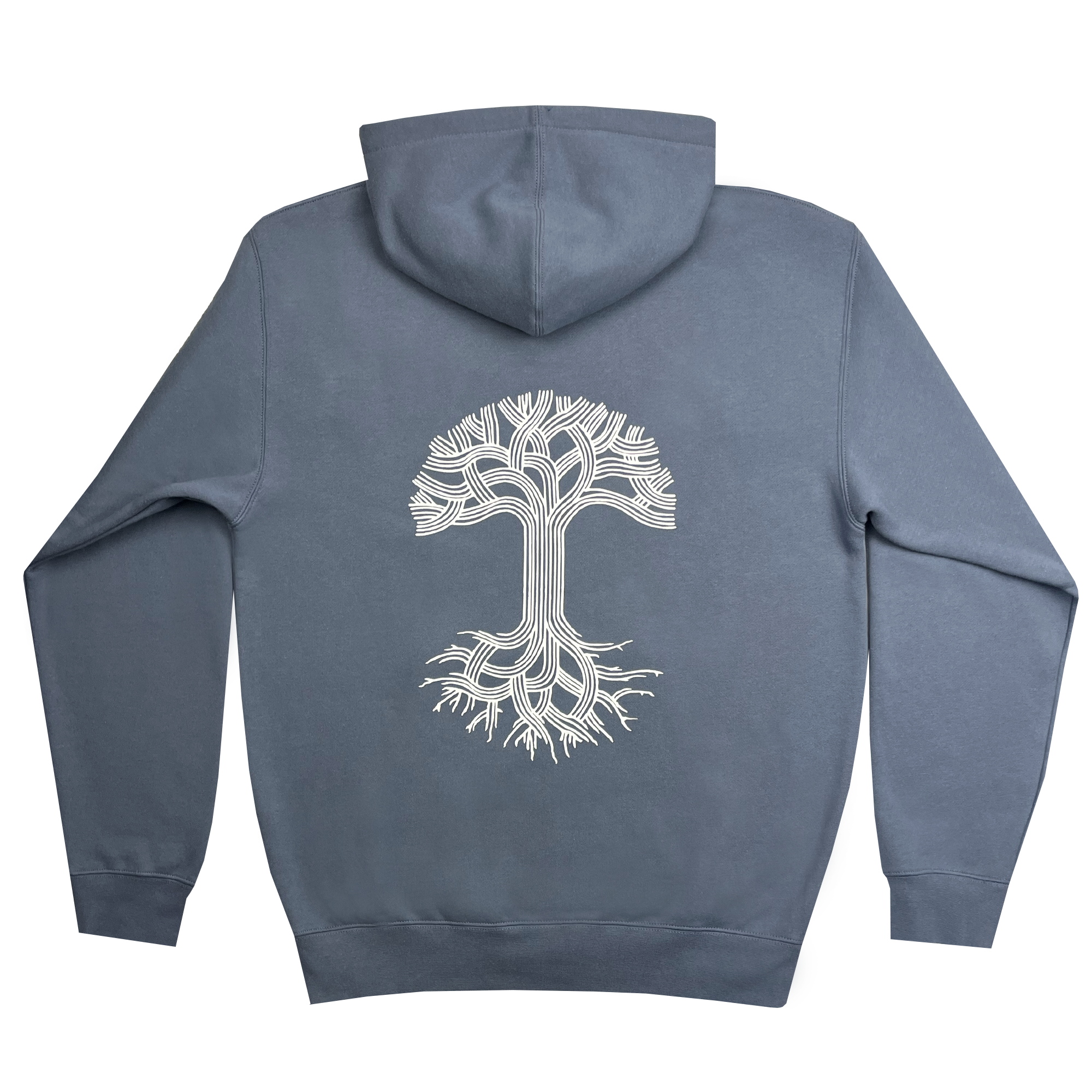 A back view of the Oaklandish Classic Hoodie in storm blue, featuring a white abstract tree design on the back. The tree showcases intricate, flowing branches and roots that create a symmetrical and artistic pattern. This pullover hoodie by oaklandish.livees with long sleeves and a hood.