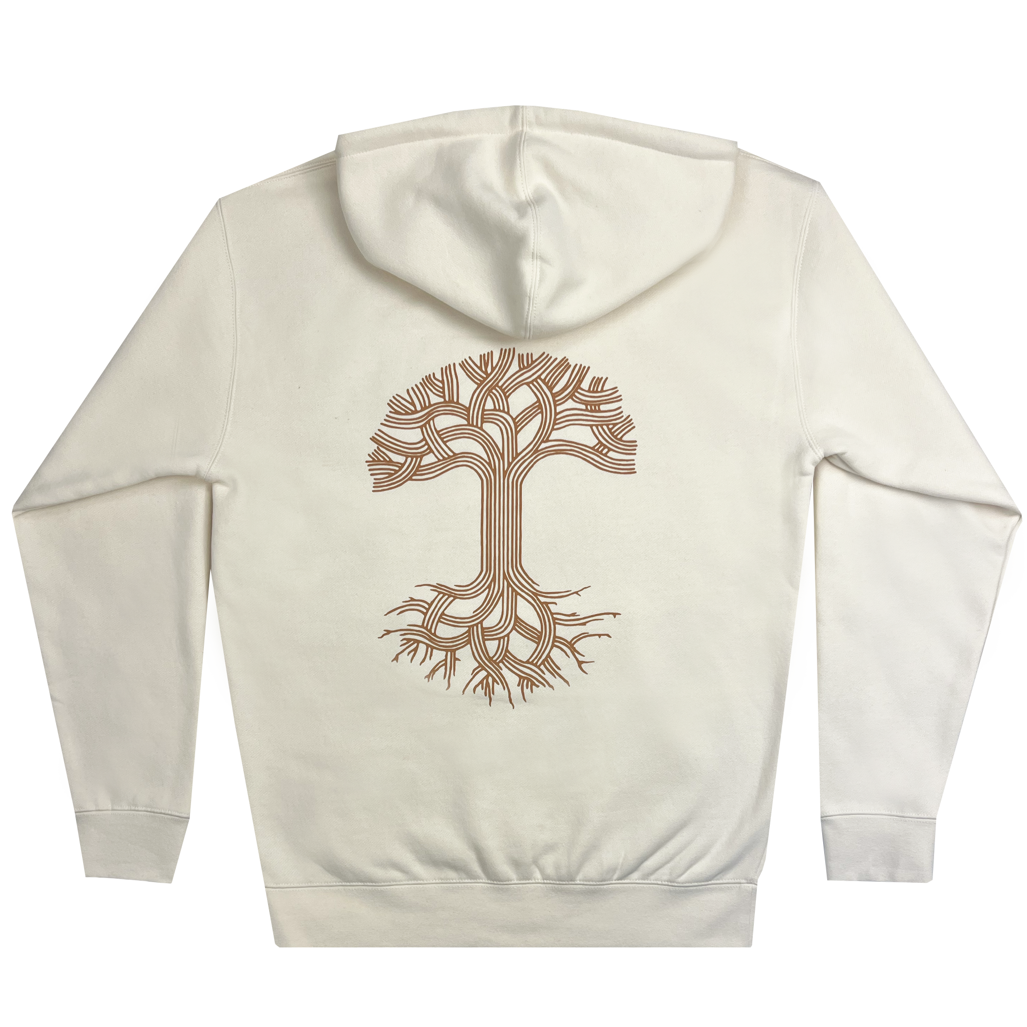 The Oaklandish Classic Hoodie by Oaklandish is a white pullover featuring a minimalist tree design on the back. The tree showcases simple, flowing brown lines that form an abstract, symmetrical pattern with its trunk, branches, and roots. The branches stretch outward at the top while the roots extend downward at the bottom, providing a stylish men's fit.