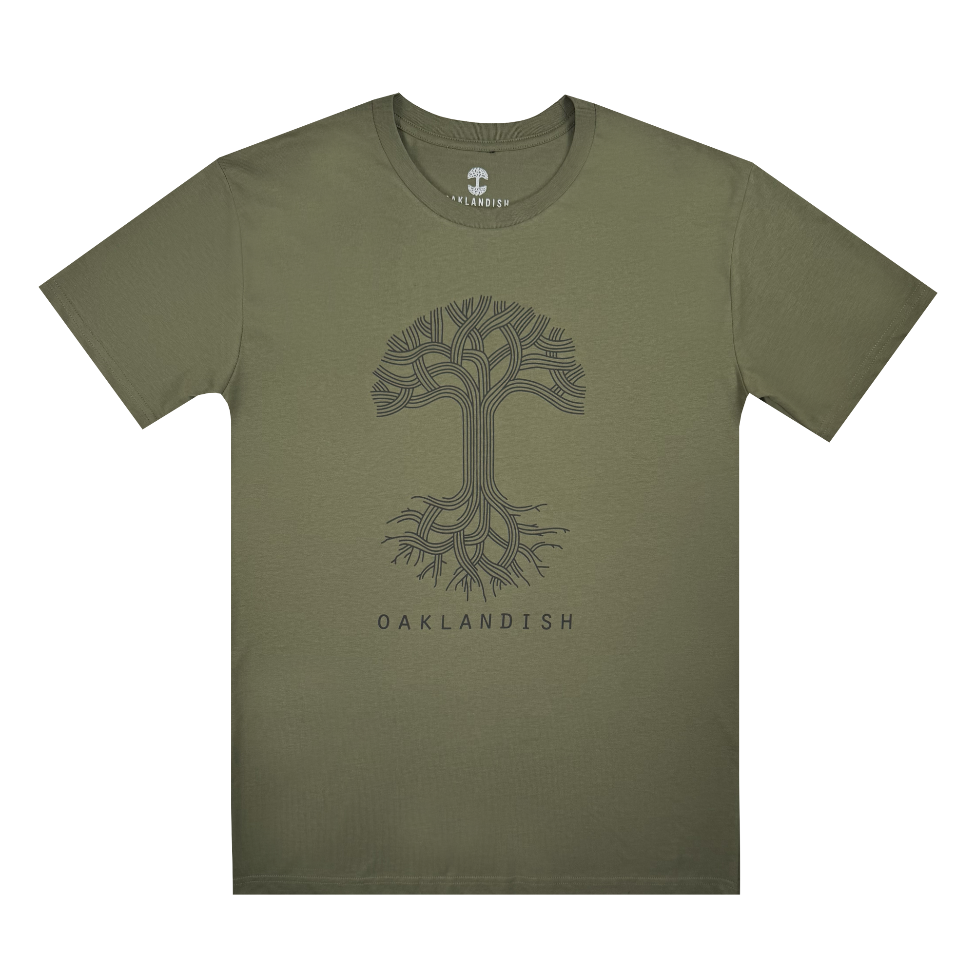 The Oaklandish Classic Logo Tee by Oaklandish features a black circuit-style tree and "OAKLANDISH" beneath it, all printed on an olive green men's cotton t-shirt.