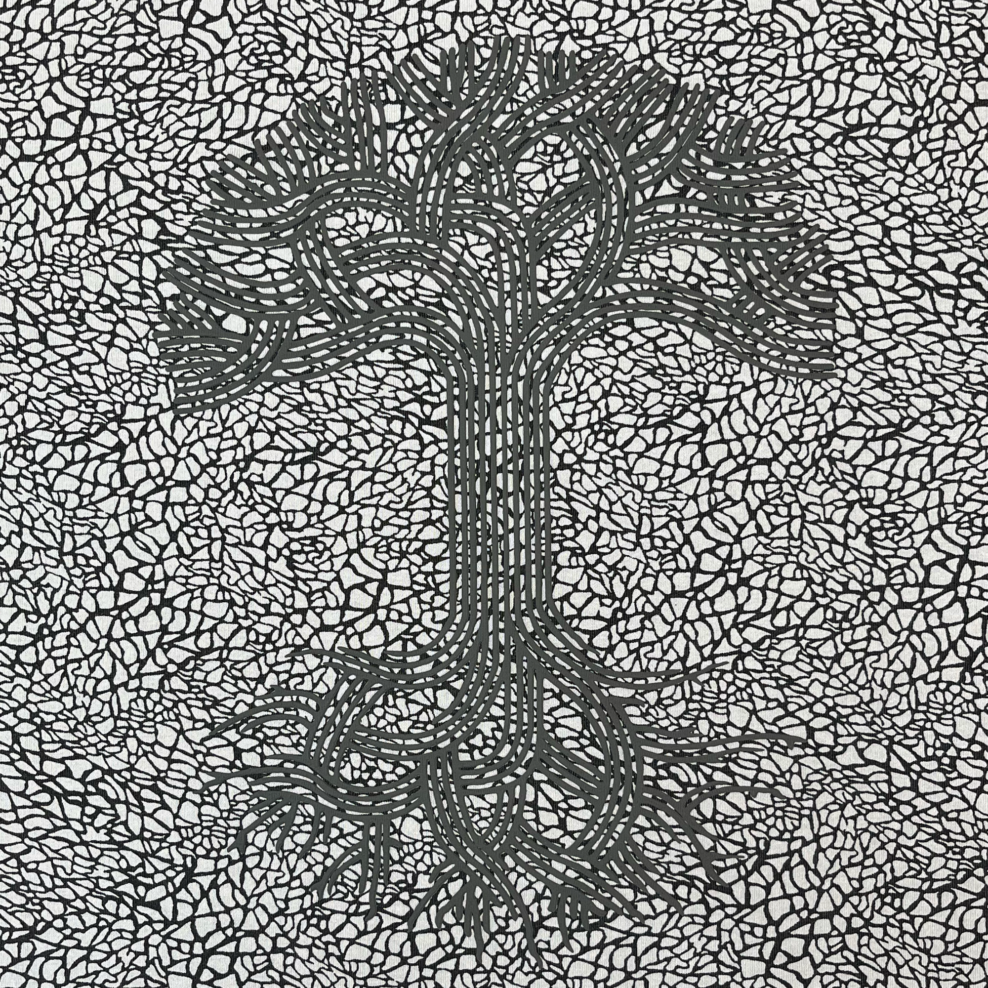 The Oaklandish Classic Logo Tee by Oaklandish features an abstract black tree with branched roots and limbs, centered within a dense, intricate network of black lines on a white background. The standout puff print design, resembling a mosaic or web, is showcased on a heavyweight cotton classic fit t-shirt, with the tree distinguished by bolder lines amid the surrounding pattern.