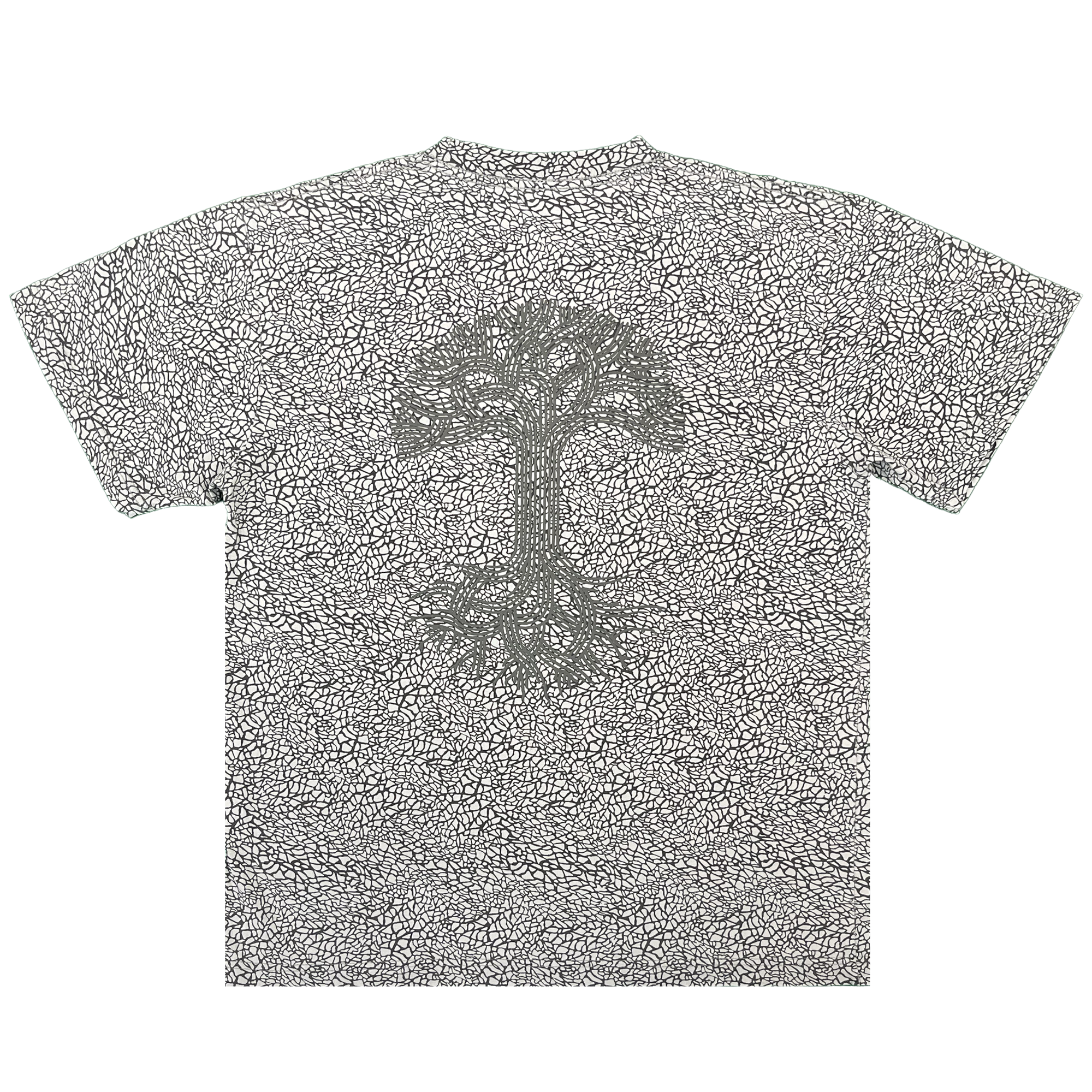The Oaklandish Classic Logo Tee by Oaklandish is a classic fit, short-sleeve t-shirt made from heavyweight cotton, showcasing a bold black and white cracked pattern. At the center of the back, the iconic Oaklandish tree logo stands out in a contrasting darker shade—with its detailed roots and branches enhanced by textured puff print for added dimension against the intricately patterned background.