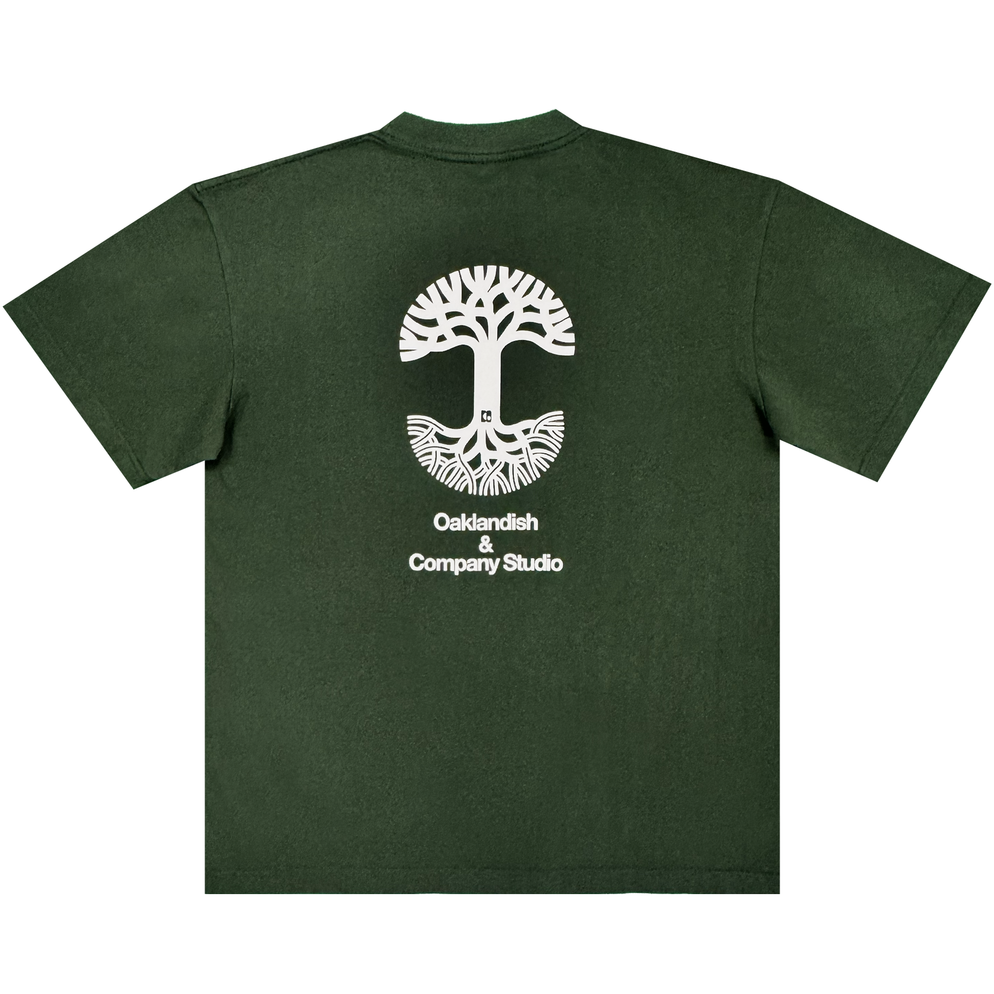 Certainly! Here’s the rewritten sentence using your product data: The Oaklandish East Bay Tee features a dark green color and a striking large white tree graphic with roots encircling a cityscape. Centered beneath the design on the back is the text "Oaklandish & Company Studio" in white. This exclusive Chaz Bear t-shirt is part of a special Toro y Moi collaboration with Oaklandish.