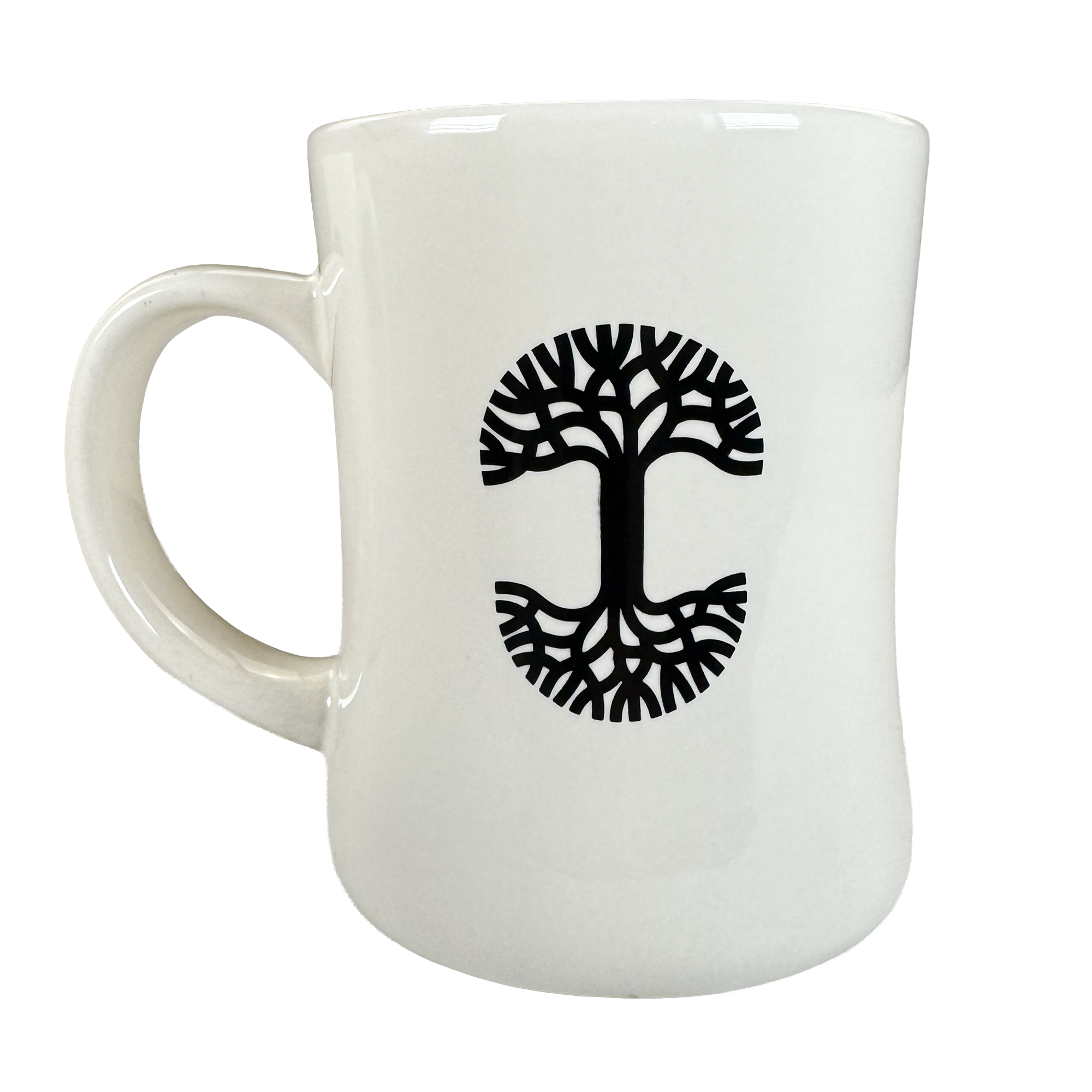 The Oaklandish Heart Diner Mug is a 14 oz ceramic mug with a glossy finish, featuring a bold black tree design with heart-shaped roots and limbs. Its curved handle on the left side ensures a comfortable grip.