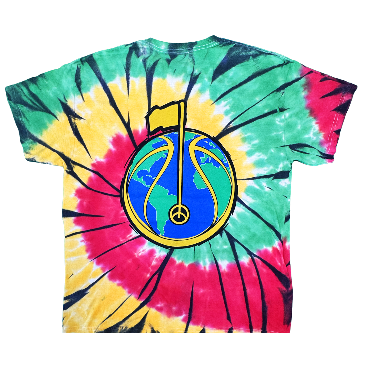 The Dead Golf Tee By Doc from By DOC is a heavyweight cotton tie-dye T-shirt in green, red, yellow, and black spiral patterns. The back displays a graphic of Earth—its blue and green continents—bearing a yellow peace sign outlined in black that transforms into a flagpole with a yellow flag, all featured on this classic fit tee.