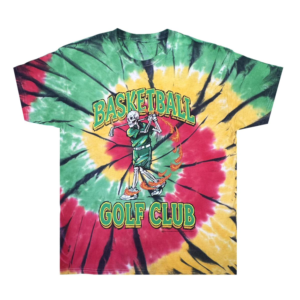 Introducing The Dead Golf Tee By Doc from By DOC—a heavyweight cotton tie-dye T-shirt in green, yellow, and red. This classic fit tee features a skeleton in basketball attire swinging a golf club, with large “BASKETBALL GOLF CLUB” text in yellow and green and a flaming basketball graphic near the skeleton’s feet. Blending playful graphics with bold style, The Dead Golf Tee By Doc delivers a standout look.