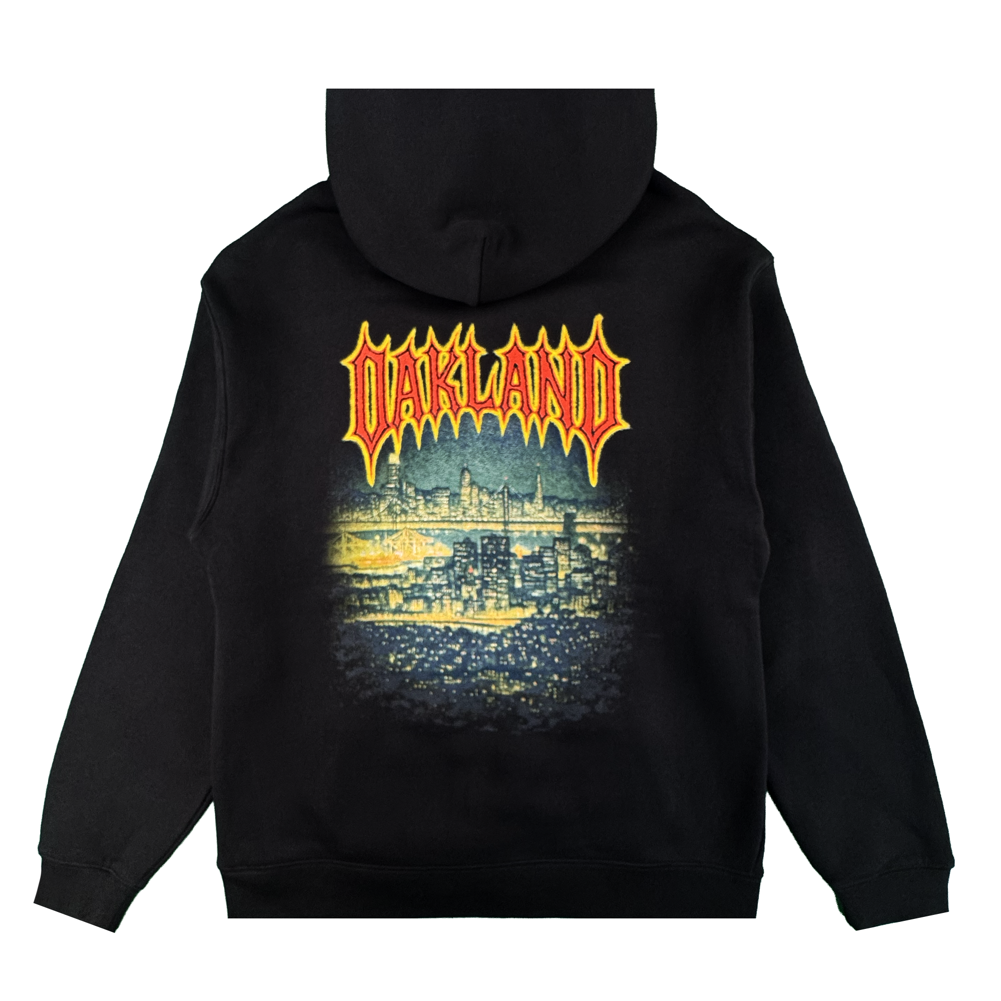 The Oaklandish Ember Hoodie is a black fleece pullover with a vibrant, stylized nighttime Oakland cityscape graphic on the back and "OAKLAND" in bold yellow-and-red flame letters. Unisex design.