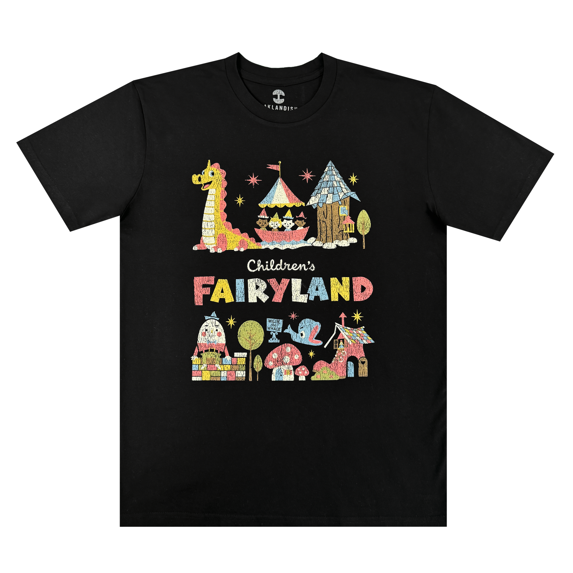 The Oaklandish Starlit Tee is a black shirt with playful, hand-drawn artwork of giraffes, tents, castles, trees, and animals plus "Children’s FAIRYLAND," celebrating Oakland’s iconic storybook park.