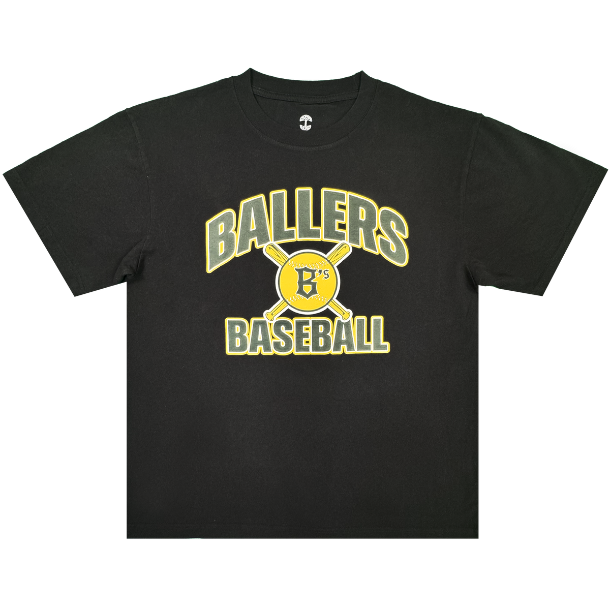 The Fireball Tee by Oakland Ballers is a black classic fit t-shirt crafted from 100% heavy-weight cotton, featuring yellow and white “BALLERS BASEBALL” text and a graphic of two crossed bats with a yellow baseball marked by a black “B” and “7′s” at the center, shown against a plain white background.